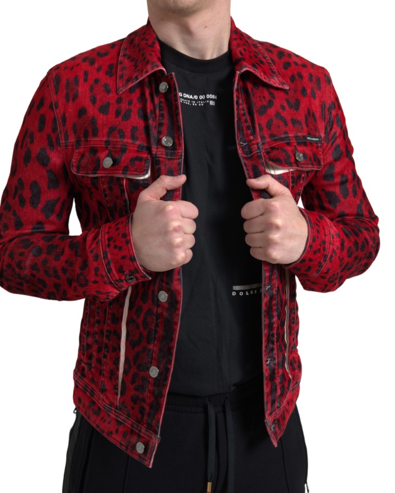 Dolce & Gabbana Red Leopard Cotton Collared Denim Jacket - DEA STILOSA MILANO