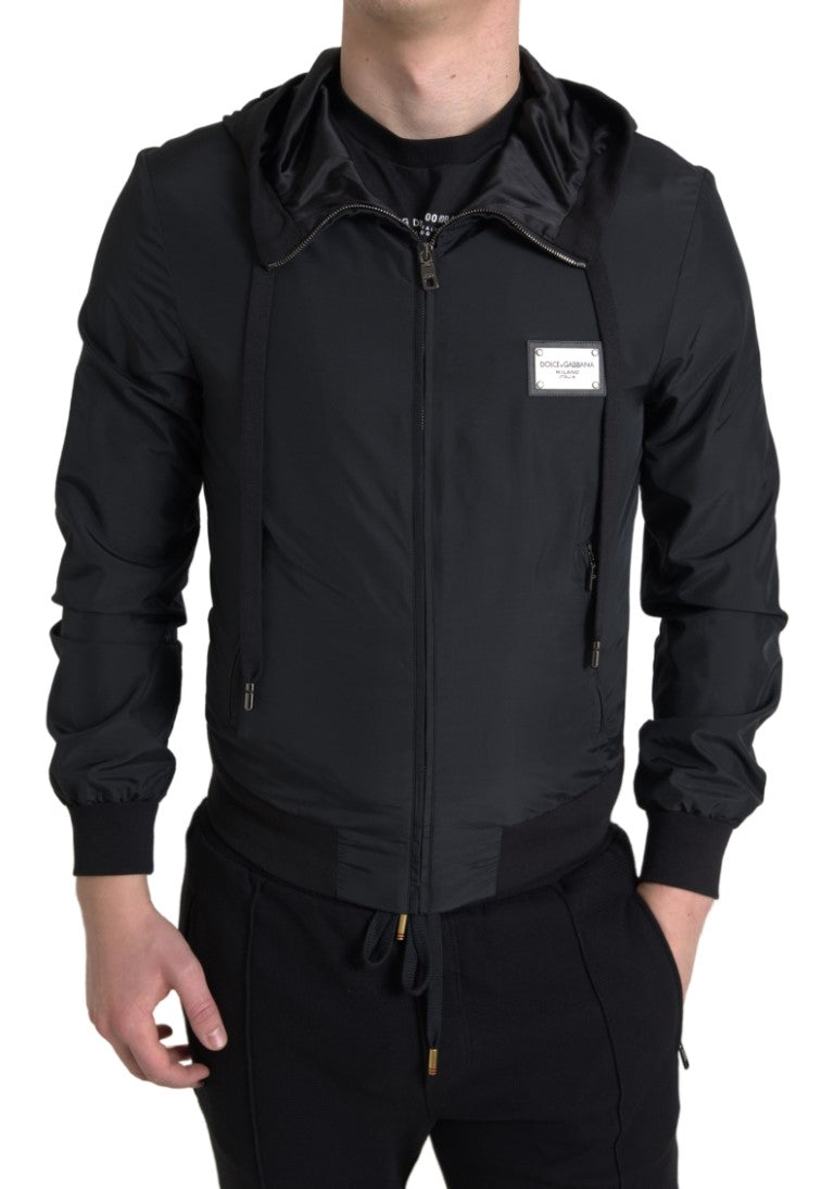 Dolce & Gabbana Black Hooded Nylon Bomber Full Zip Sweater - DEA STILOSA MILANO