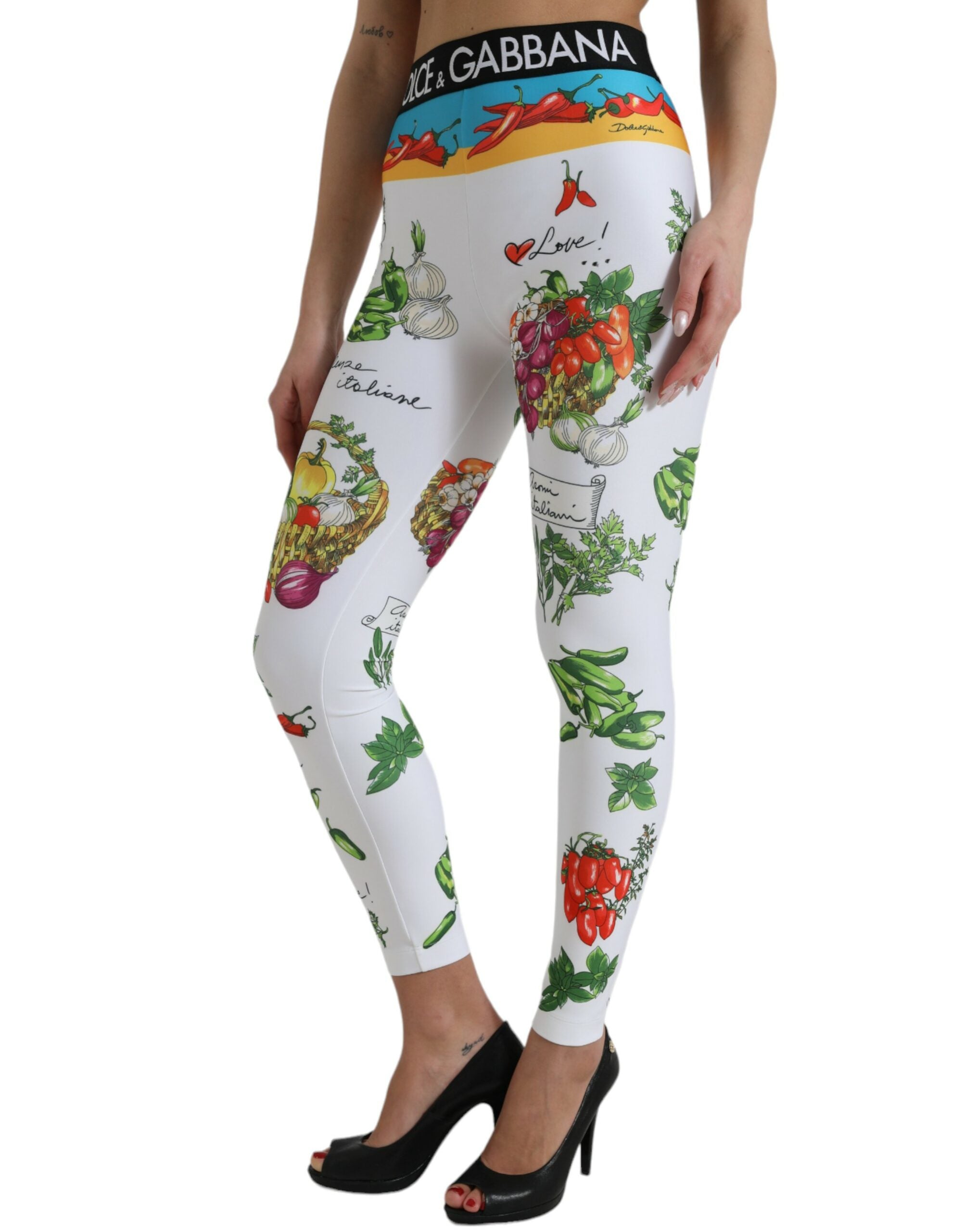 Dolce & Gabbana White Vegetables High Waist Leggings Pants - DEA STILOSA MILANO