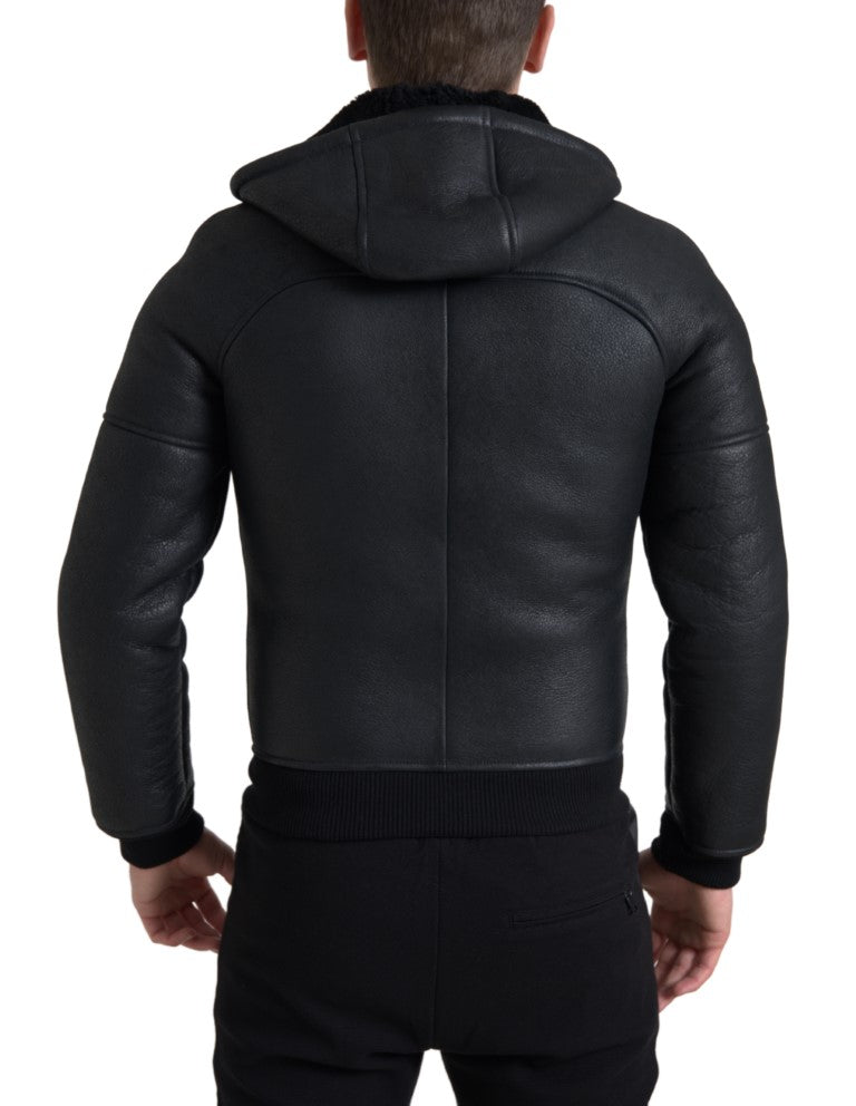 Dolce & Gabbana Black Leather Full Zip Hooded Men Jacket - DEA STILOSA MILANO