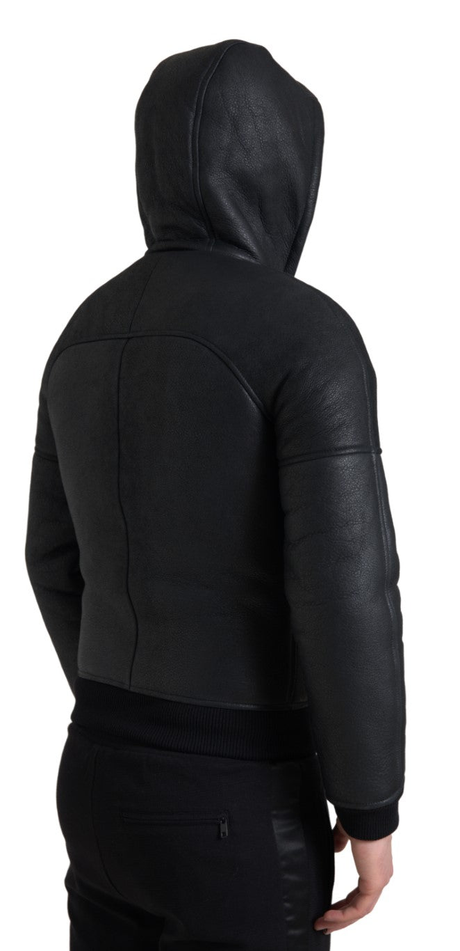 Dolce & Gabbana Black Leather Full Zip Hooded Men Jacket - DEA STILOSA MILANO