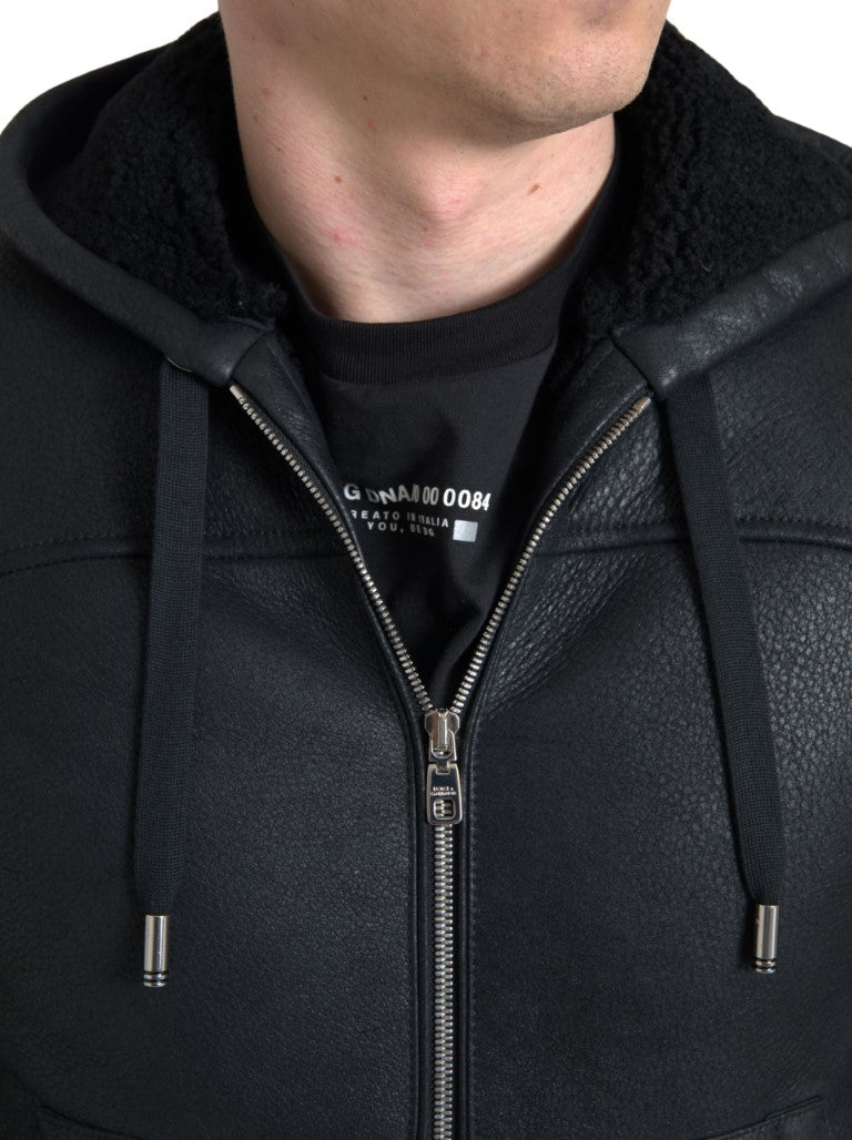 Dolce & Gabbana Black Leather Full Zip Hooded Men Jacket - DEA STILOSA MILANO