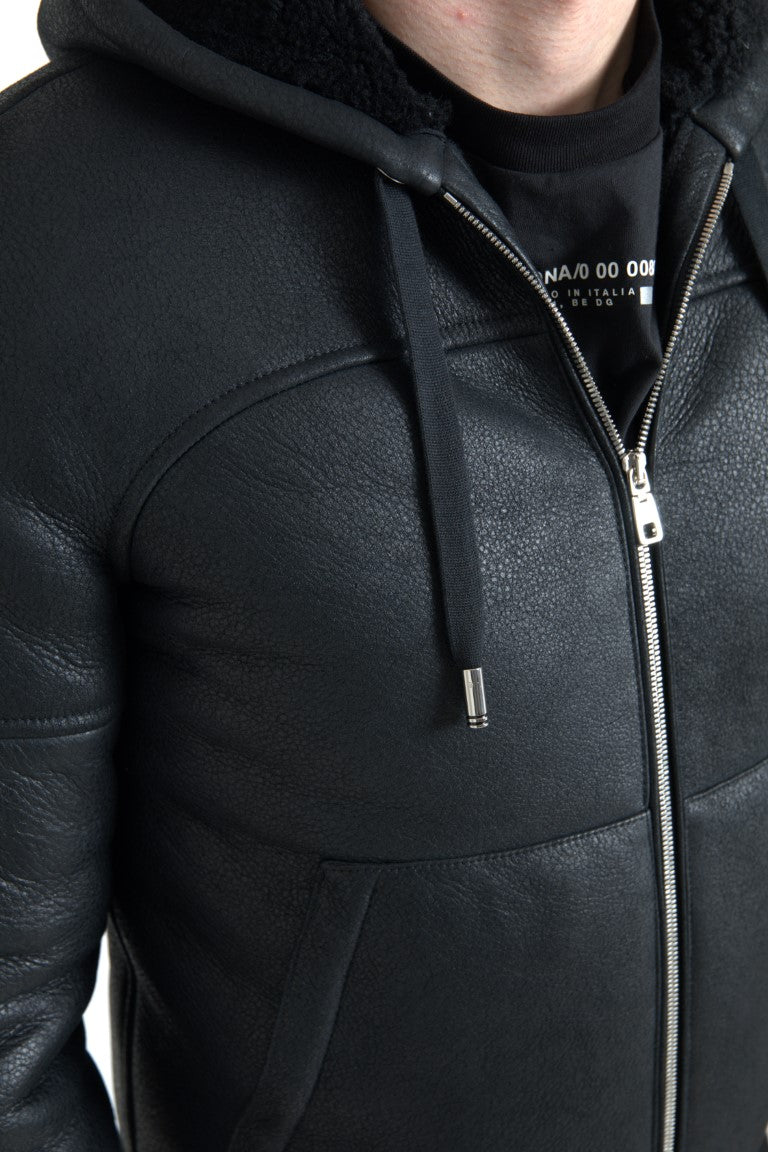 Dolce & Gabbana Black Leather Full Zip Hooded Men Jacket - DEA STILOSA MILANO