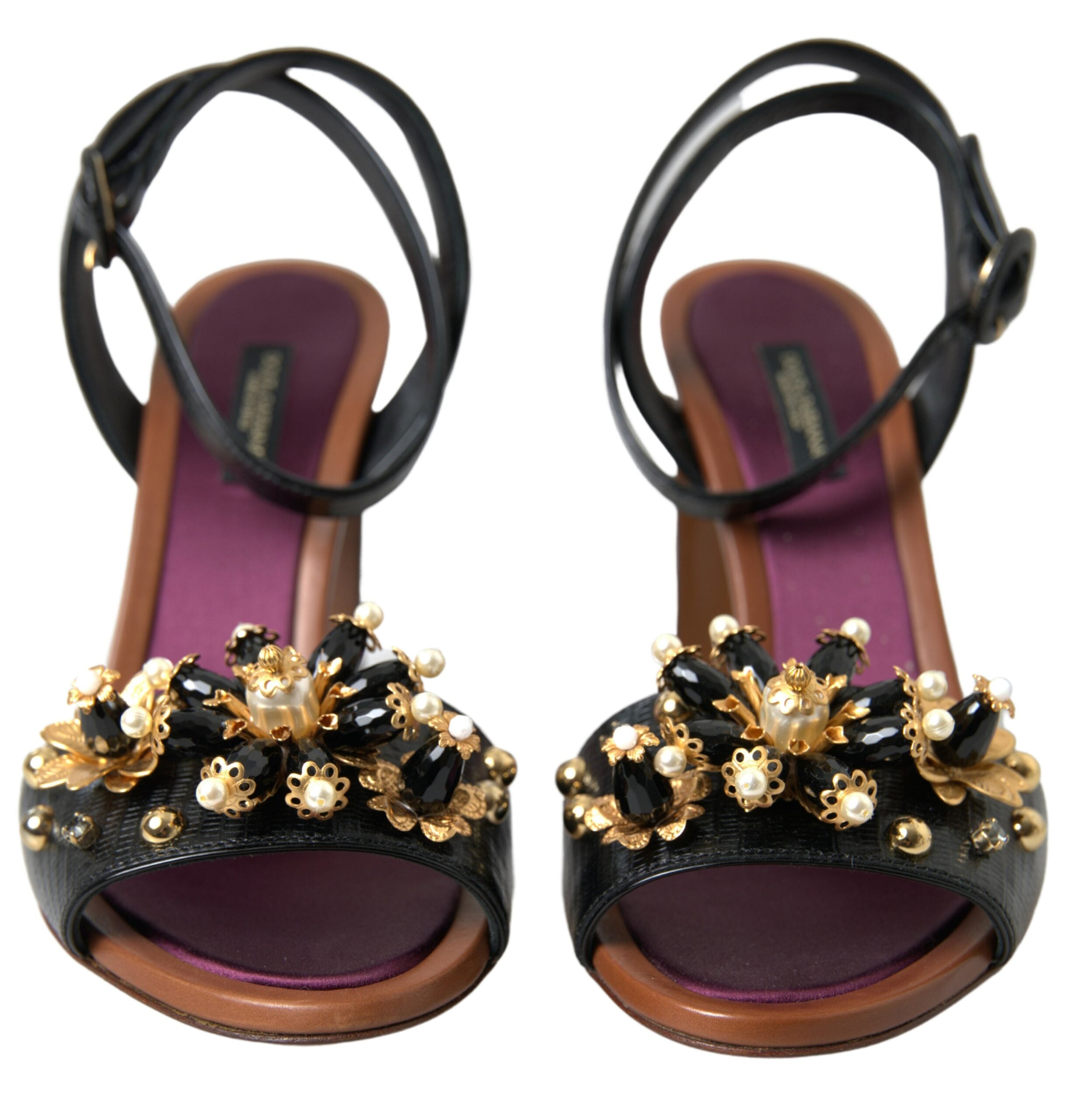 Dolce & Gabbana Black Lizard Embossed Floral Pearls Sandals Shoes - DEA STILOSA MILANO