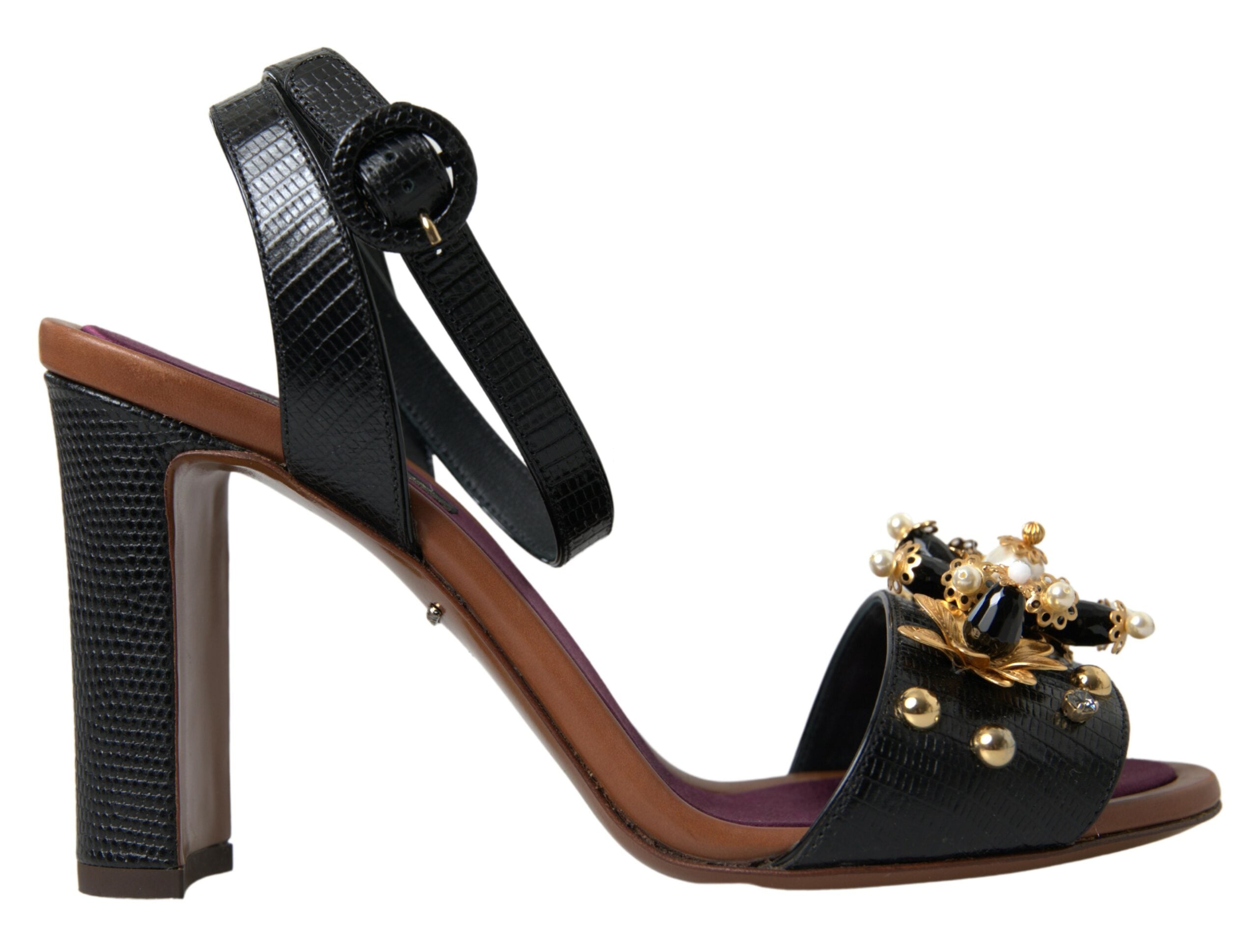 Dolce & Gabbana Black Lizard Embossed Floral Pearls Sandals Shoes - DEA STILOSA MILANO