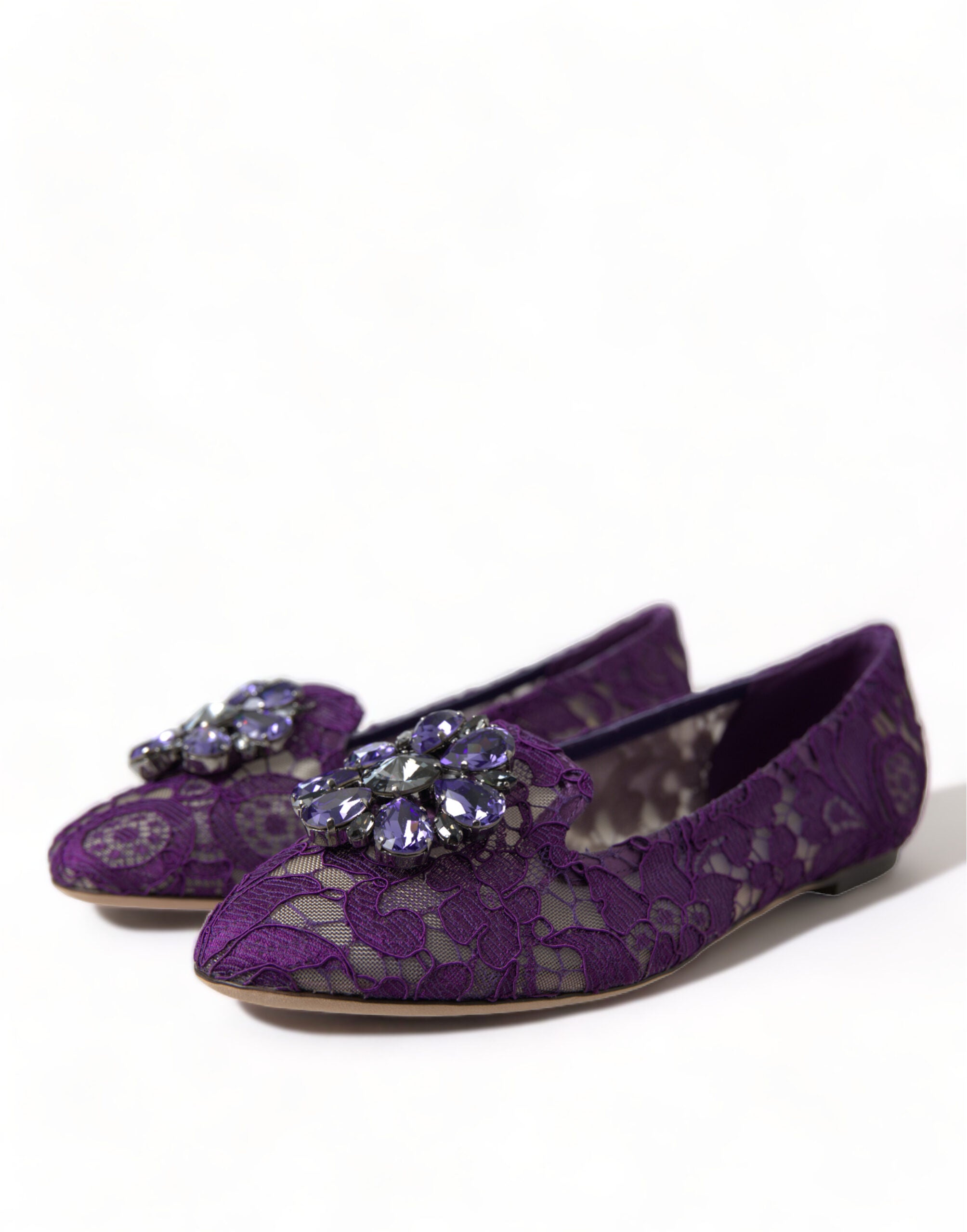 Dolce & Gabbana Purple Vally Taormina Lace Crystals Flats Shoes - DEA STILOSA MILANO
