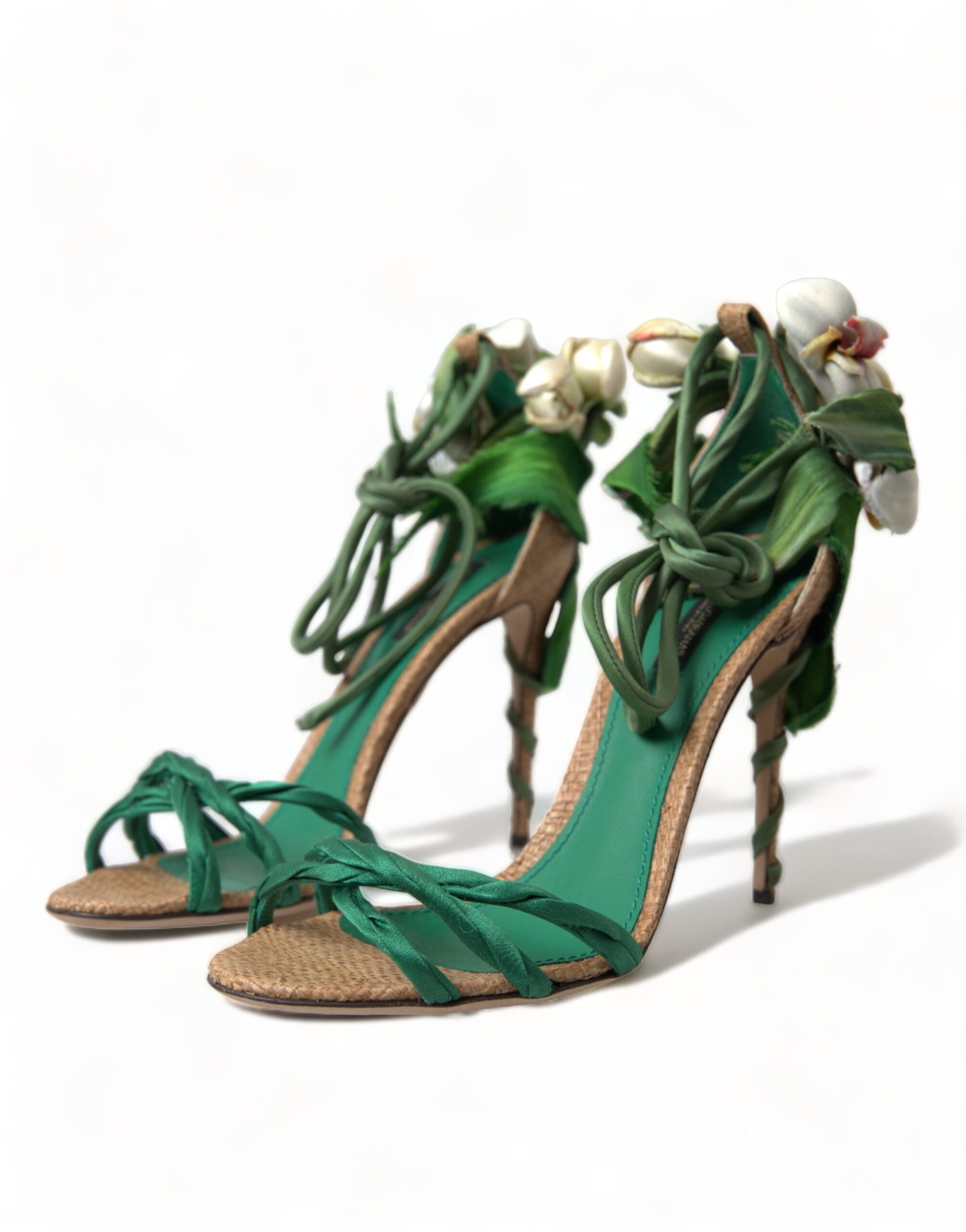 Dolce & Gabbana Green Flower Satin Heels Sandals Shoes - DEA STILOSA MILANO
