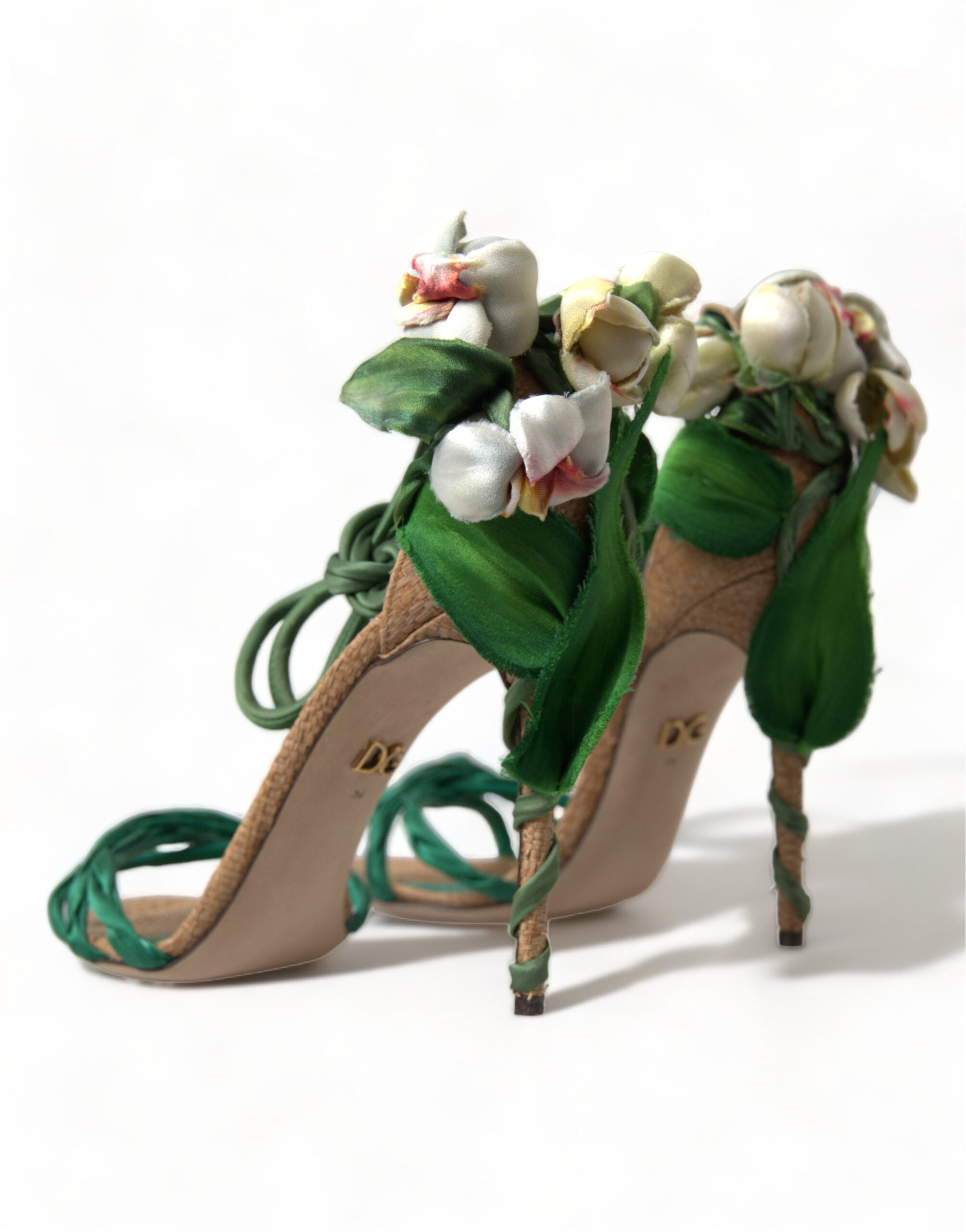 Dolce & Gabbana Green Flower Satin Heels Sandals Shoes - DEA STILOSA MILANO
