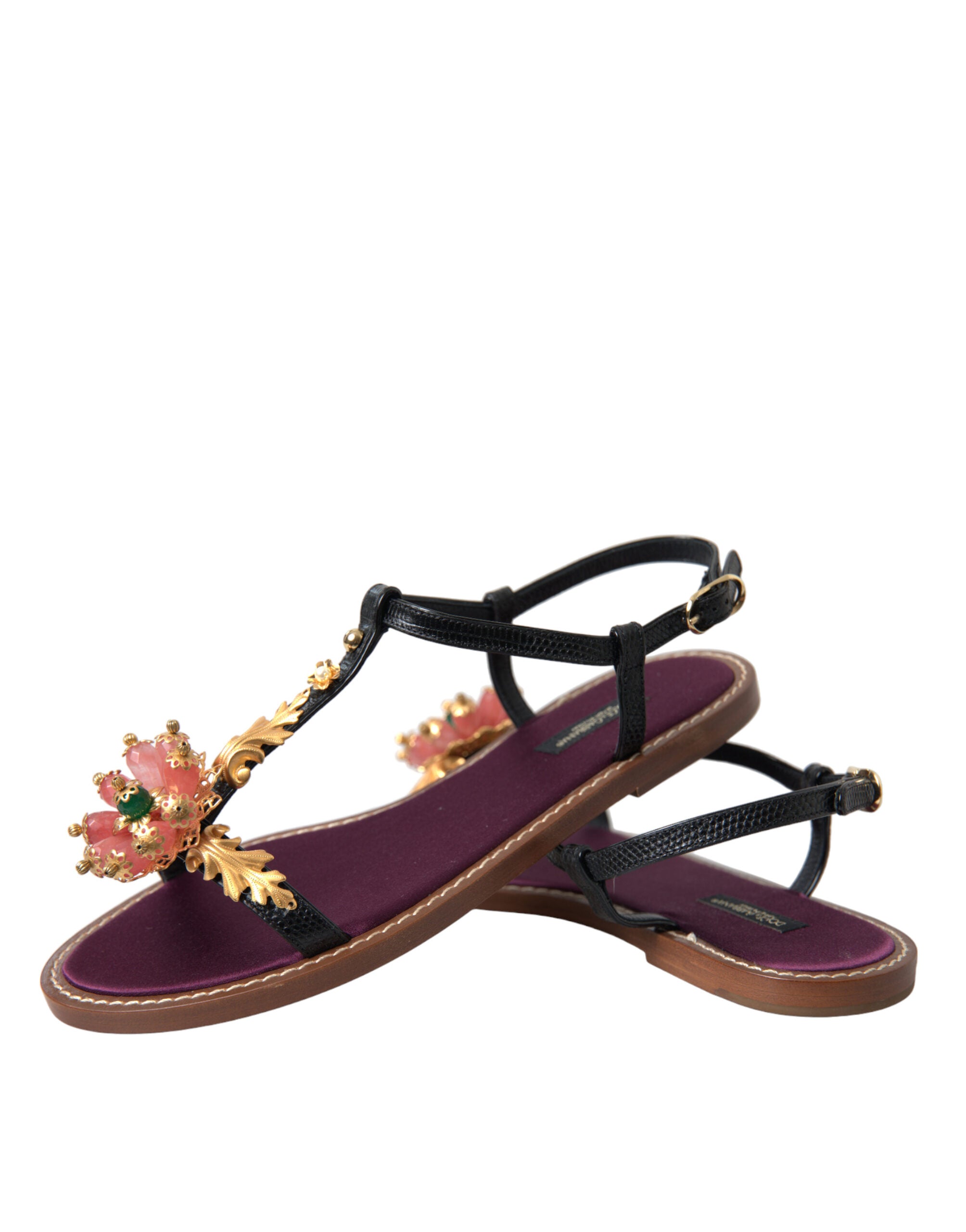 Dolce & Gabbana Black Crystal Gold Sandals Leather Shoes - DEA STILOSA MILANO
