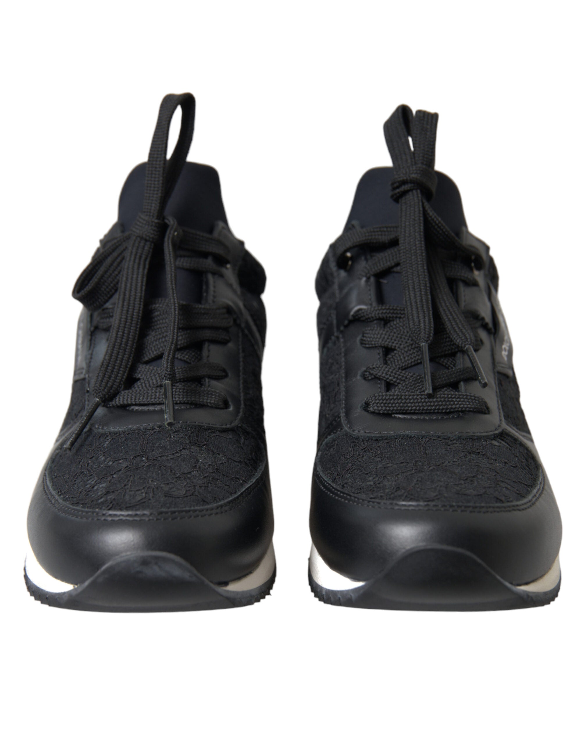 Dolce & Gabbana Black Floral Lace Leather Sneakers Shoes - DEA STILOSA MILANO