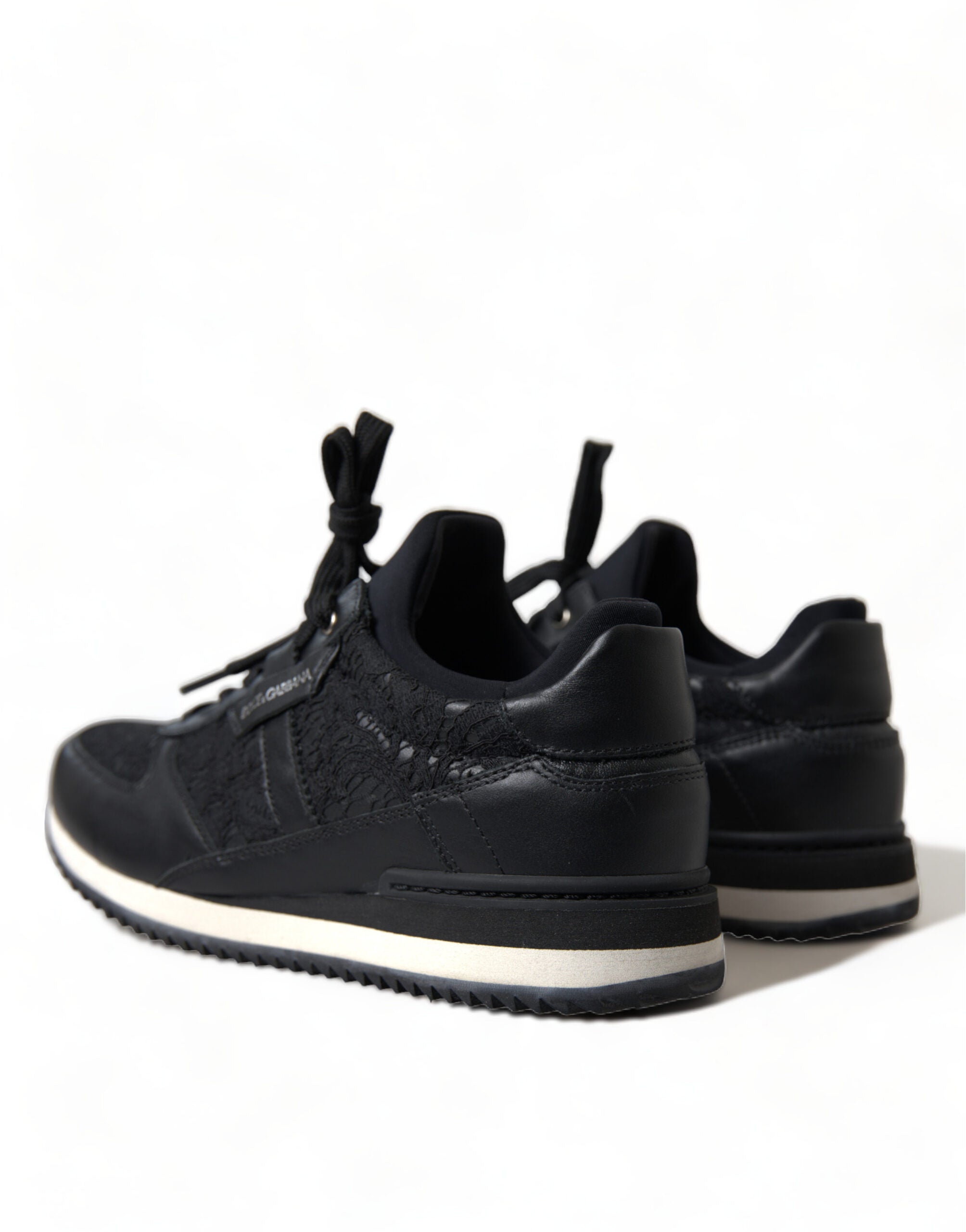 Dolce & Gabbana Black Floral Lace Leather Sneakers Shoes - DEA STILOSA MILANO