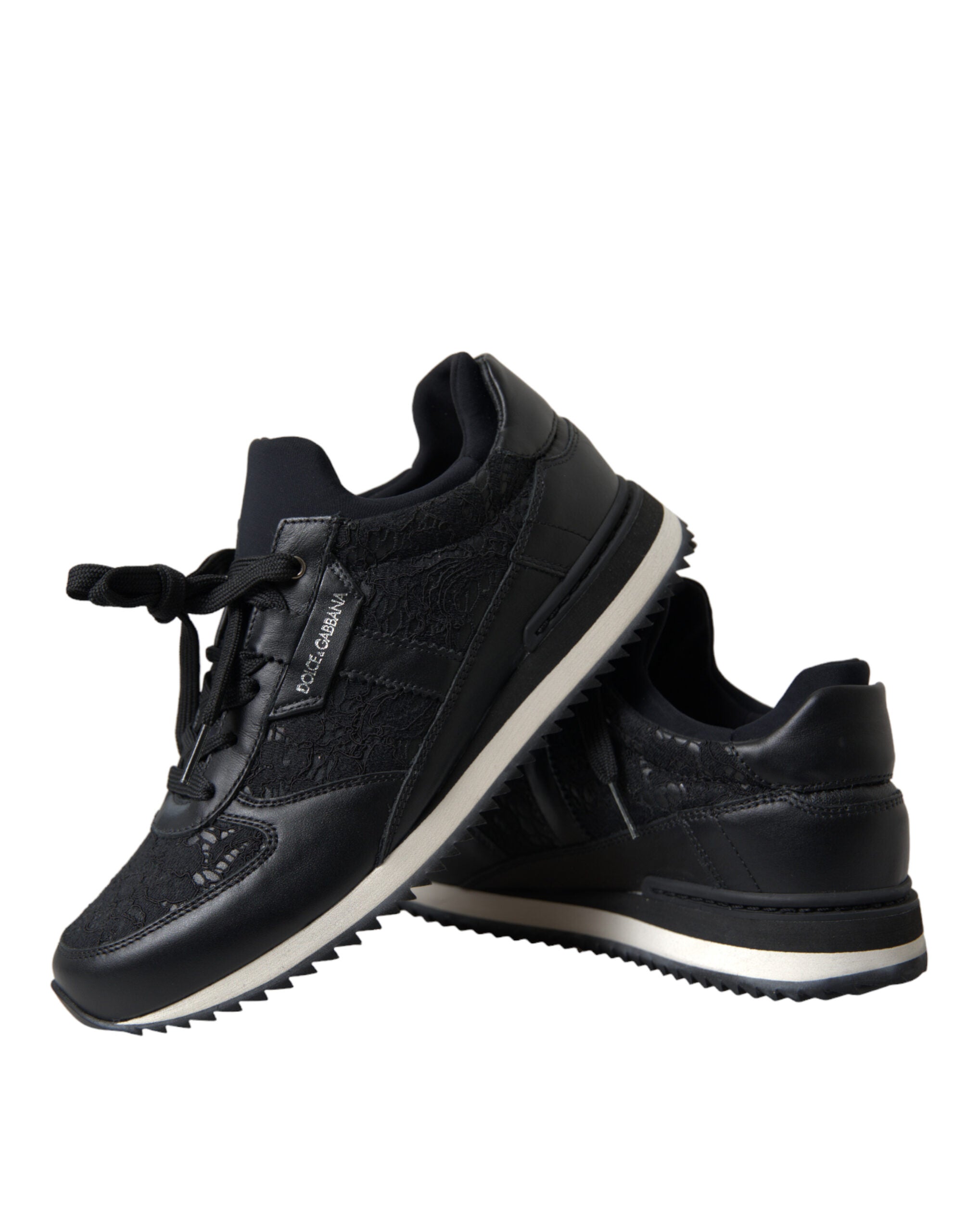 Dolce & Gabbana Black Floral Lace Leather Sneakers Shoes - DEA STILOSA MILANO