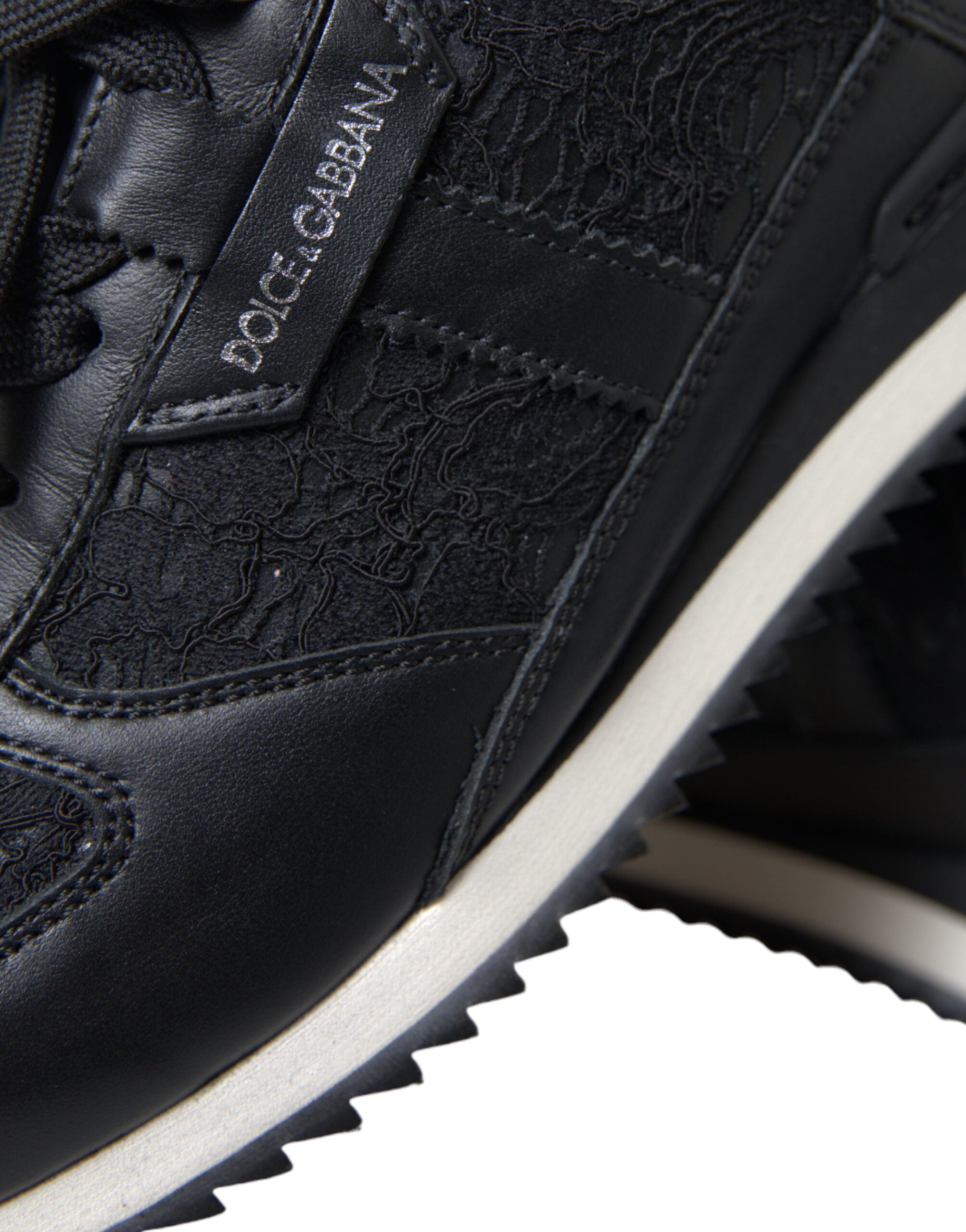 Dolce & Gabbana Black Floral Lace Leather Sneakers Shoes - DEA STILOSA MILANO