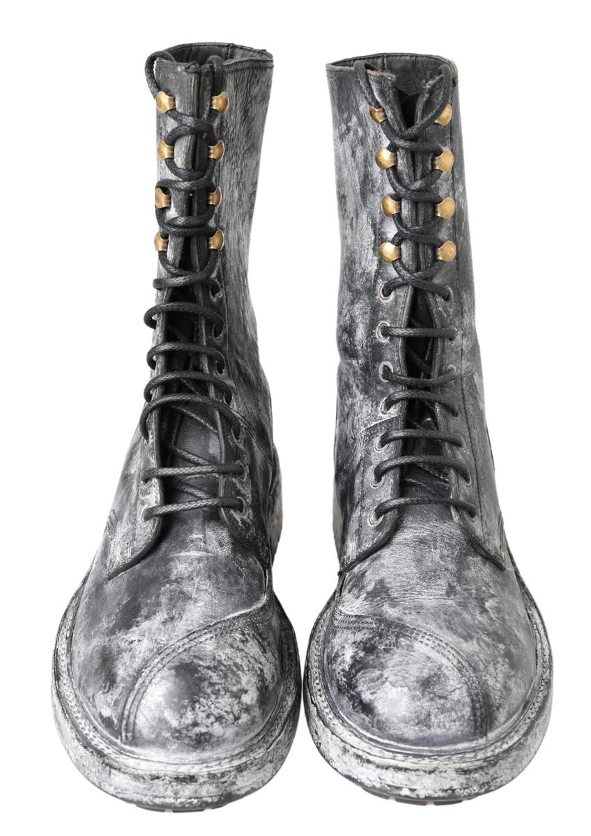 Dolce & Gabbana Black Gray Leather Mid Calf Boots Shoes - DEA STILOSA MILANO