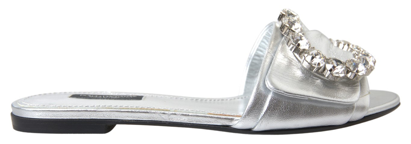 Dolce & Gabbana Silver Crystal Embellished Slides Flat Shoes - DEA STILOSA MILANO
