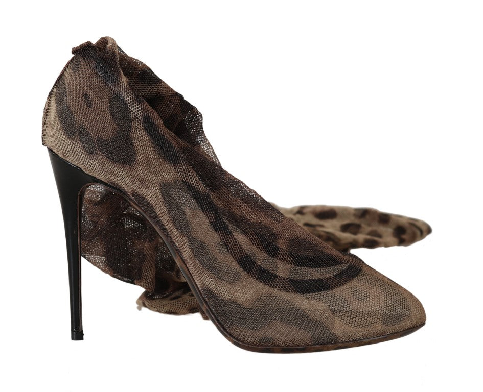 Dolce & Gabbana Brown Leopard Tulle Long Socks Pumps - DEA STILOSA MILANO
