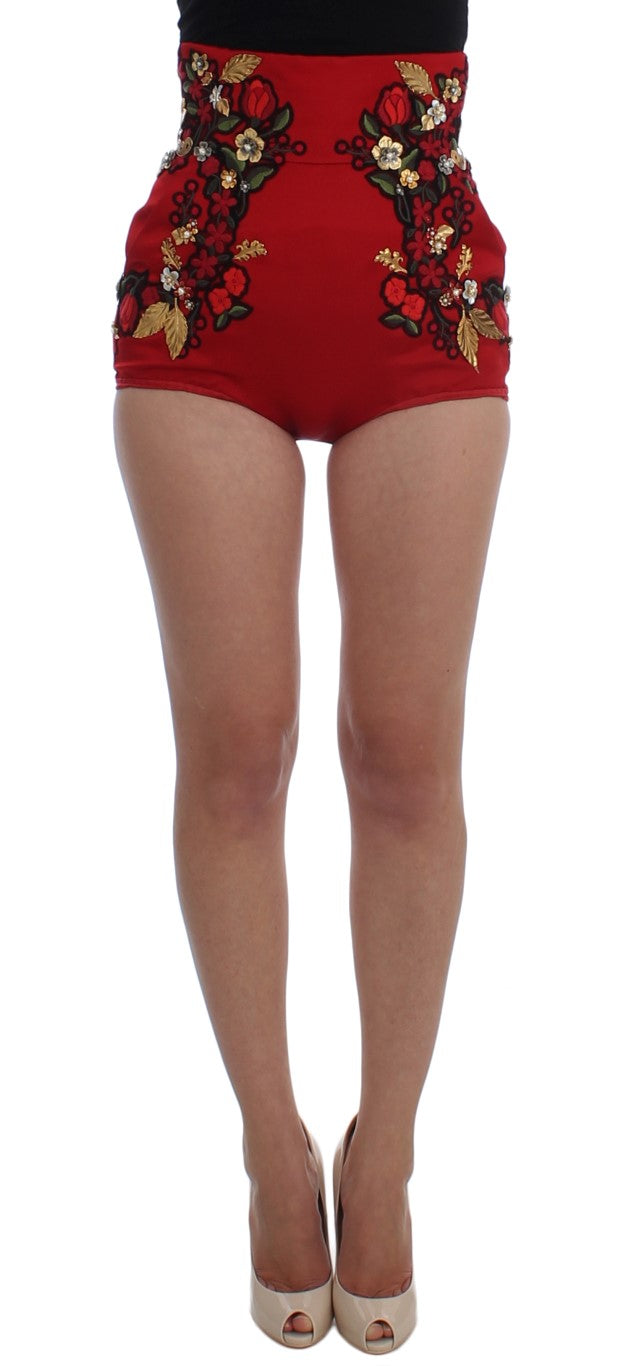 Dolce & Gabbana Red Silk Pearls Roses Shorts - DEA STILOSA MILANO