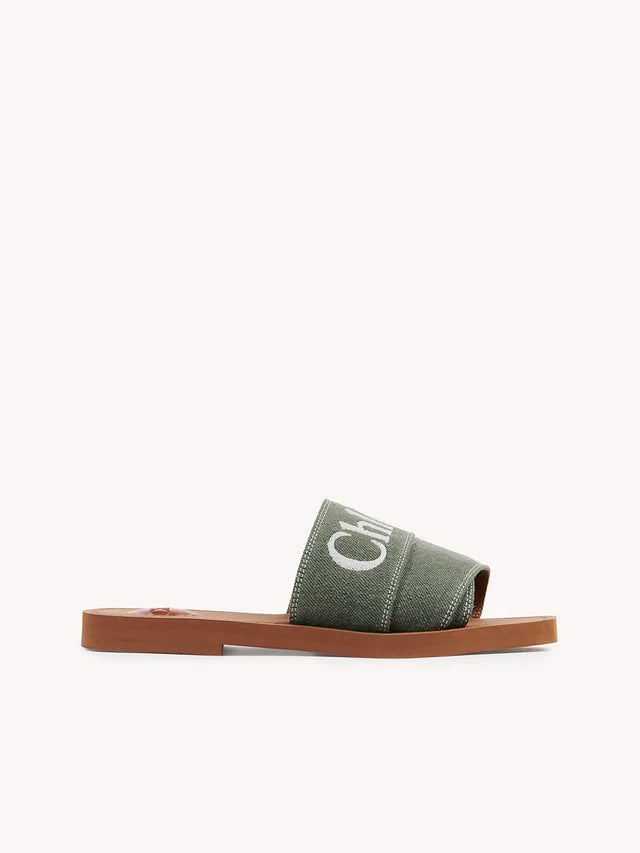 Chloé Forest Green Cotton Slides Woody Sandals - DEA STILOSA MILANO