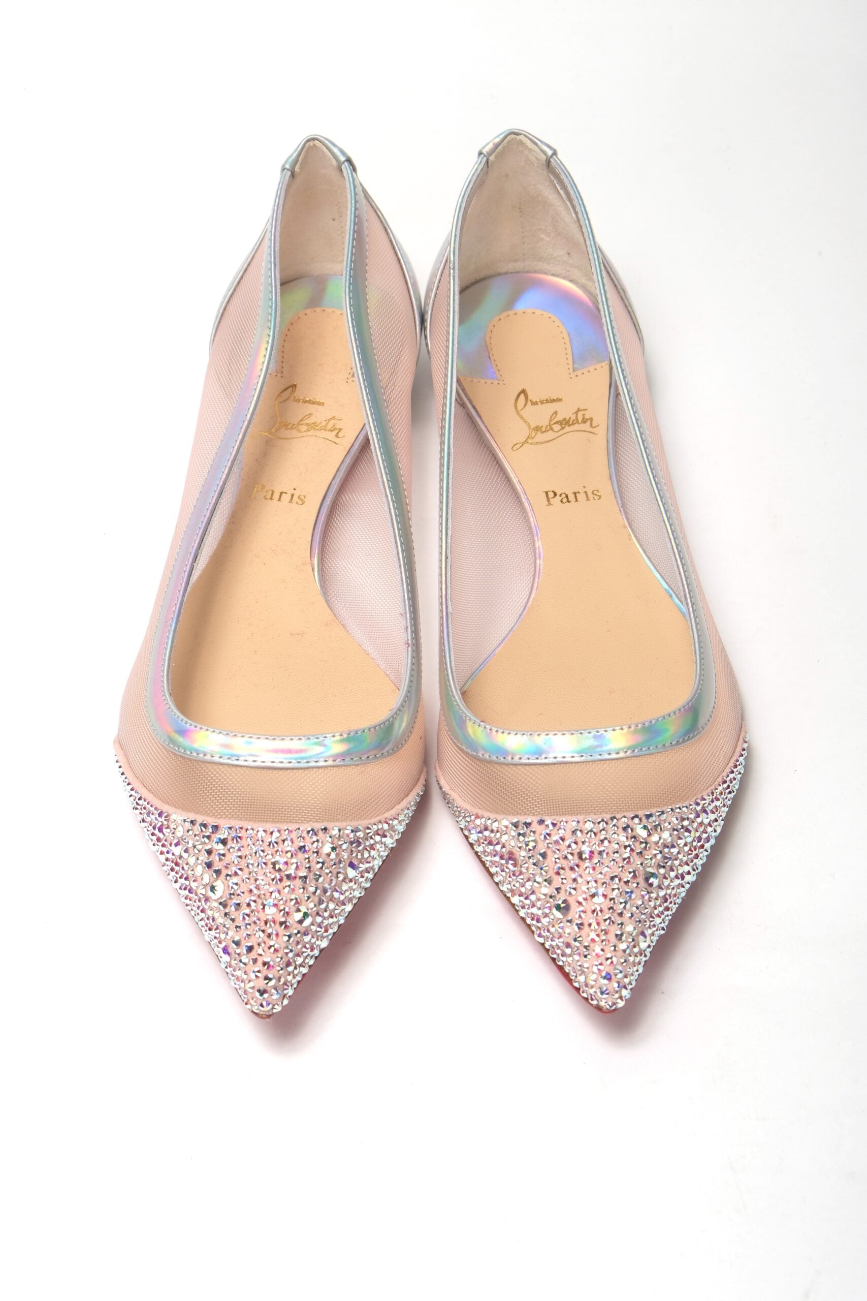 Christian Louboutin Silver Rose Flat Point Crystals Toe Shoe - DEA STILOSA MILANO