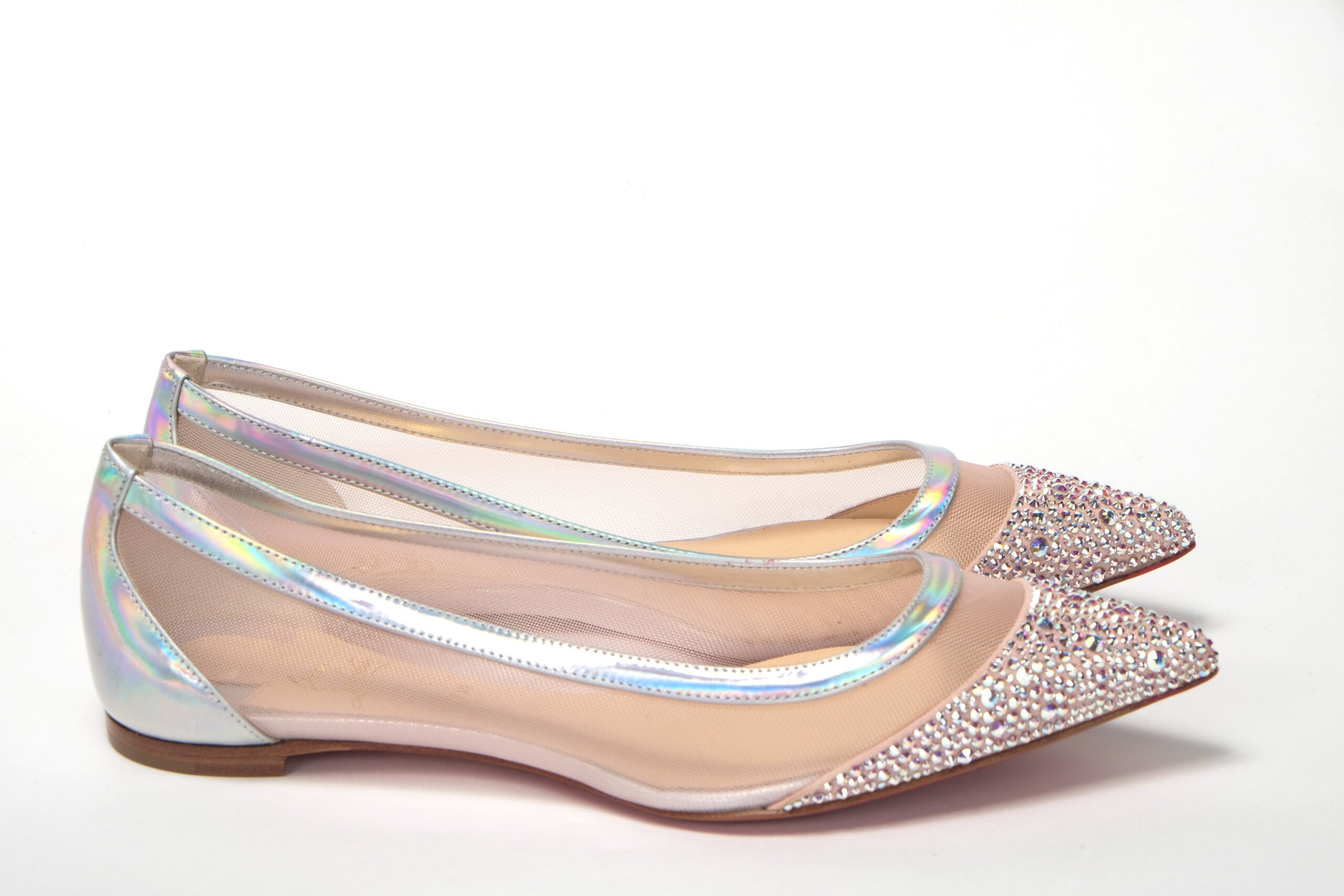 Christian Louboutin Silver Rose Flat Point Crystals Toe Shoe - DEA STILOSA MILANO