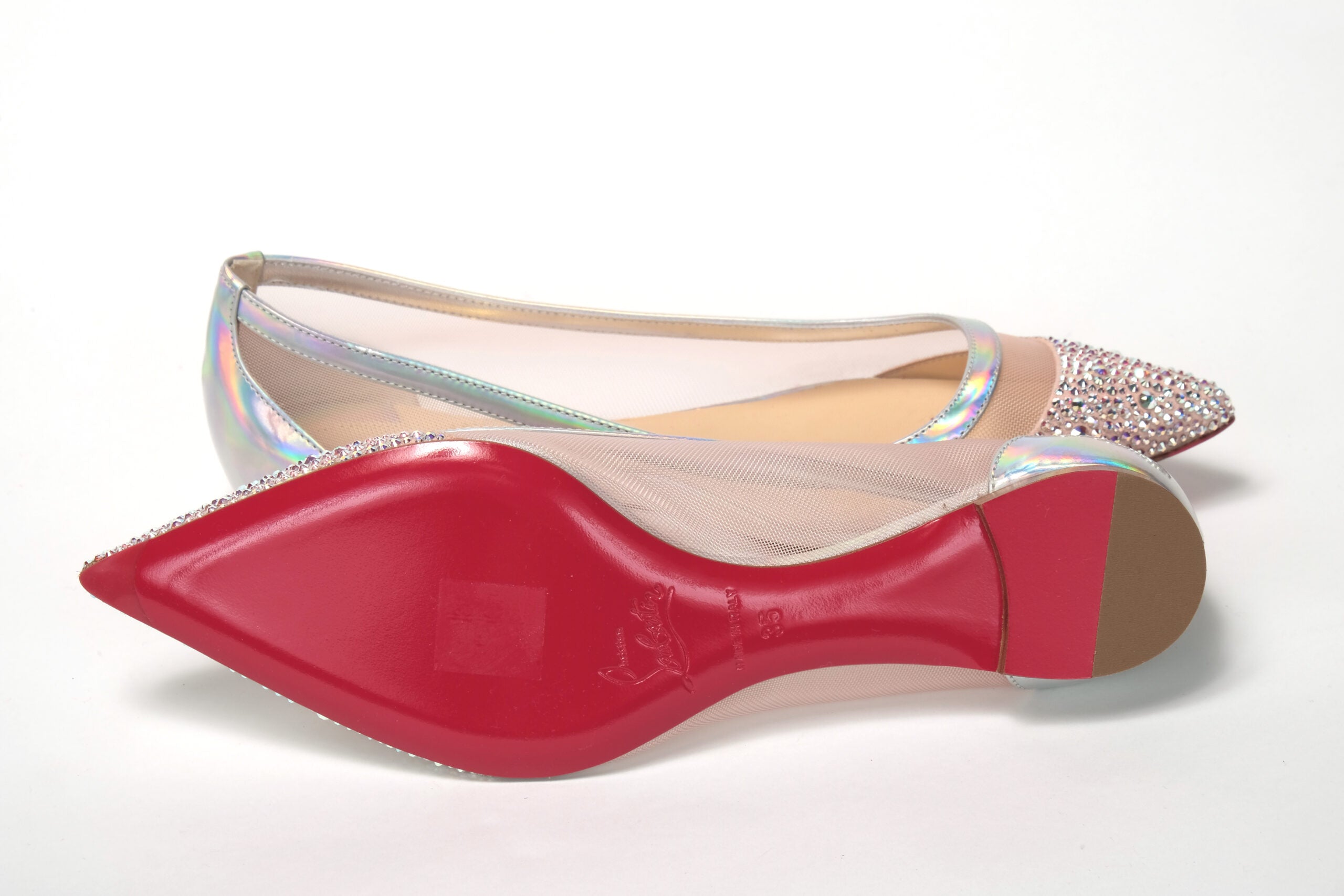 Christian Louboutin Silver Rose Flat Point Crystals Toe Shoe - DEA STILOSA MILANO