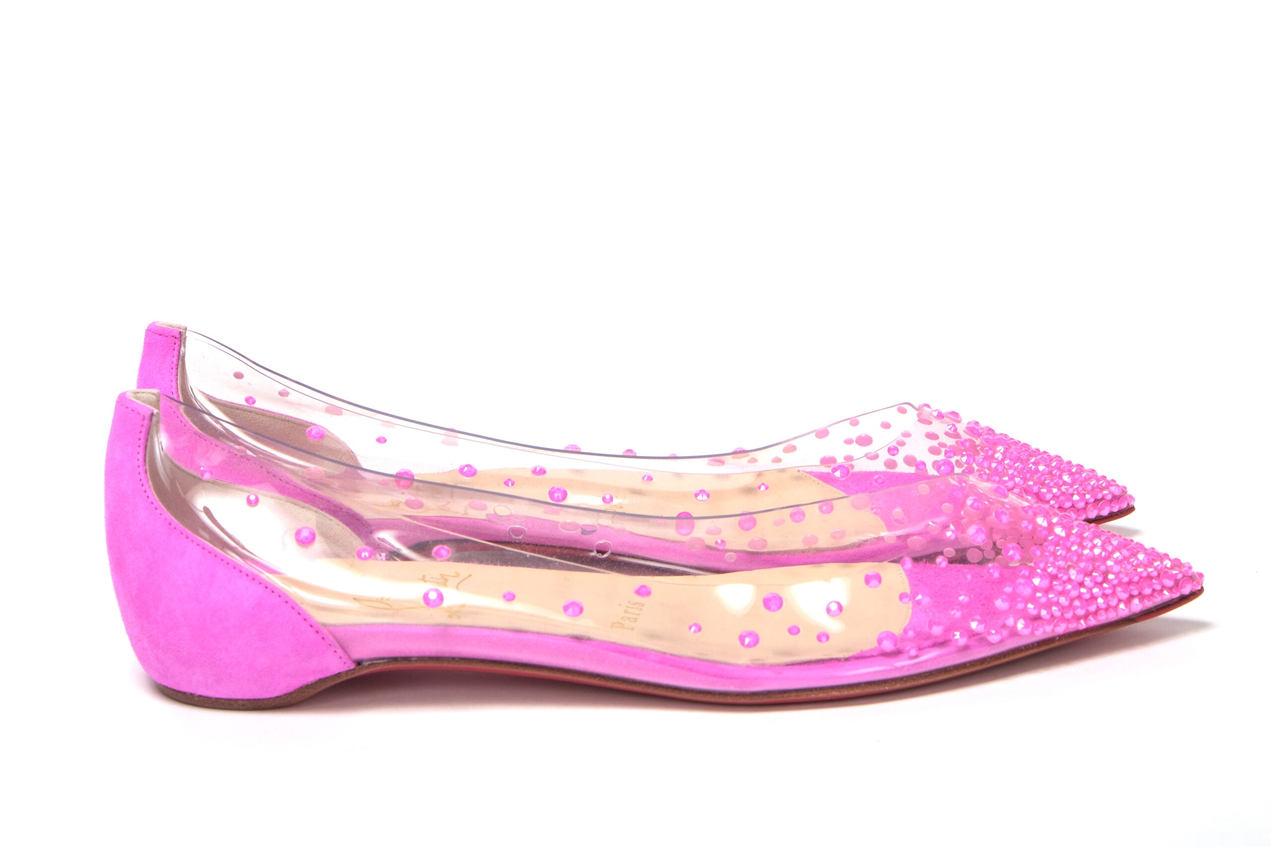 Christian Louboutin Hot Pink Suede Crystals Flat Point Toe Shoe - DEA STILOSA MILANO