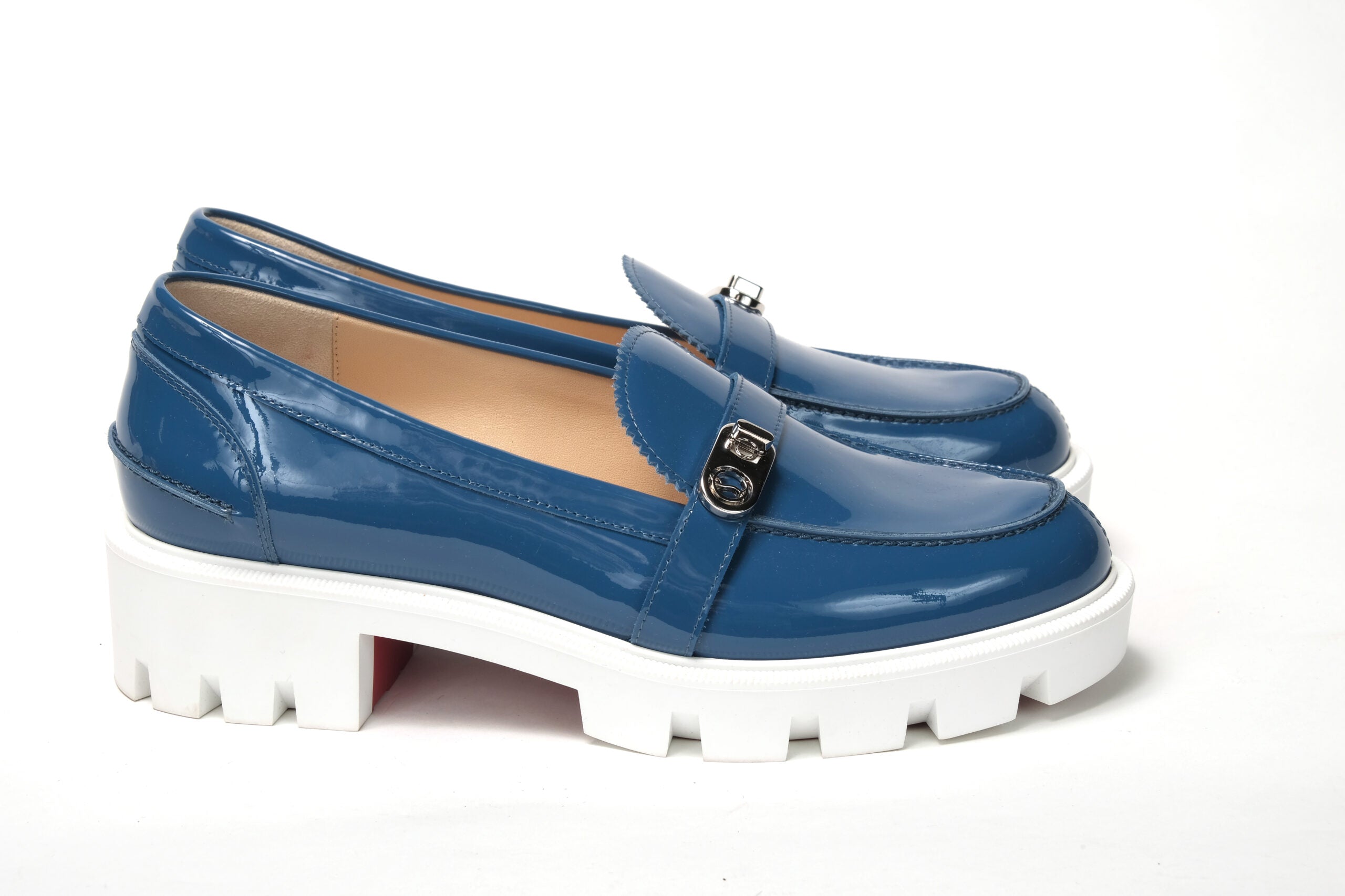 Christian Louboutin Blue And White Silver Logo Lock Boat Shoe - DEA STILOSA MILANO