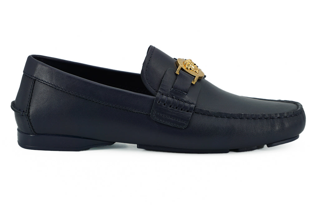 Versace Navy Blue Calf Leather Loafers Shoes - DEA STILOSA MILANO