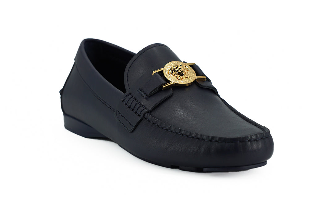 Versace Navy Blue Calf Leather Loafers Shoes - DEA STILOSA MILANO