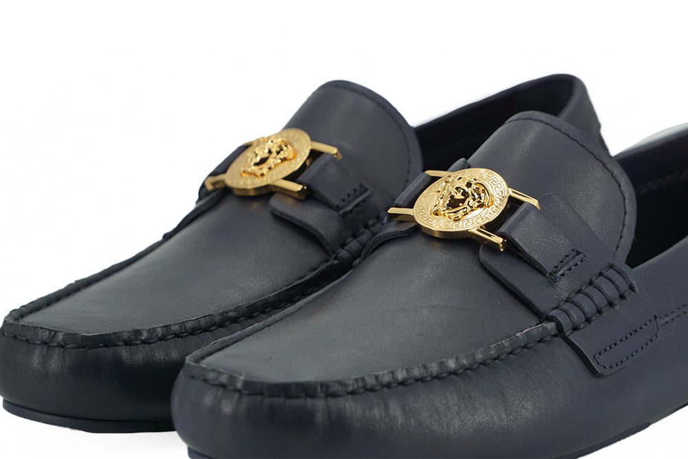 Versace Navy Blue Calf Leather Loafers Shoes - DEA STILOSA MILANO