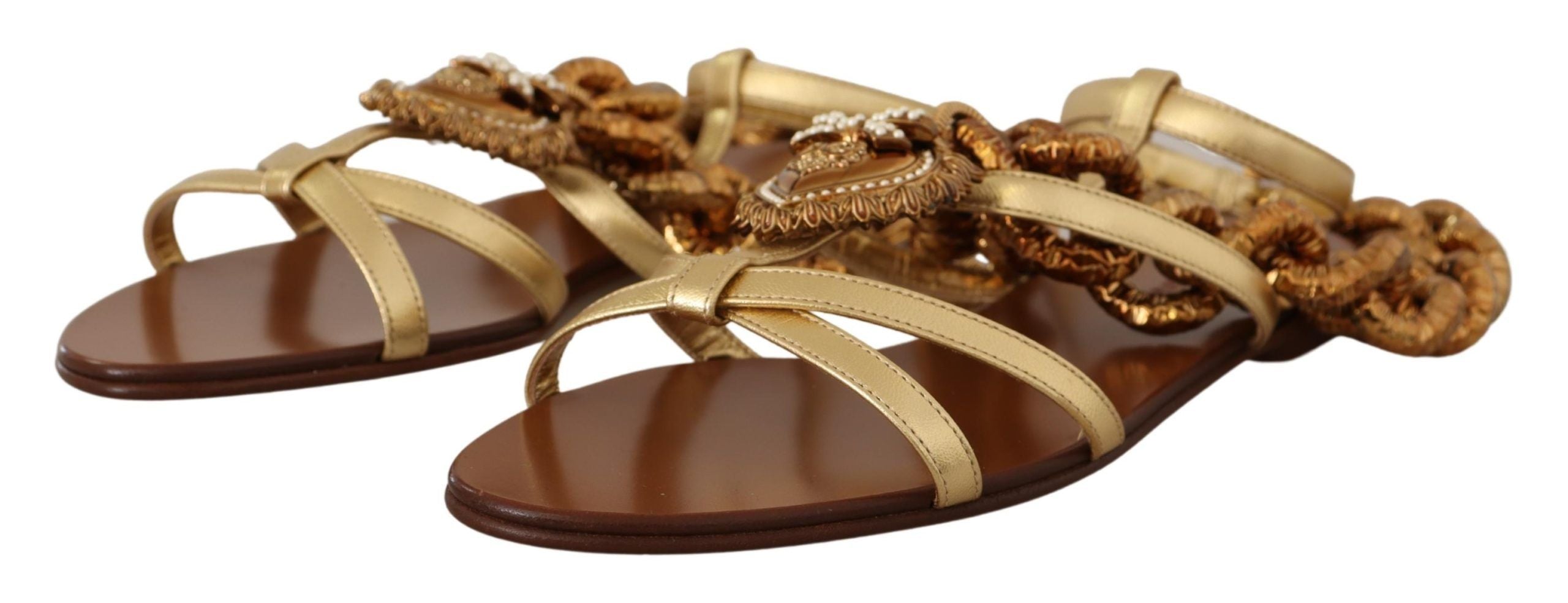 Dolce & Gabbana Gold Leather Devotion Flats Sandals - DEA STILOSA MILANO