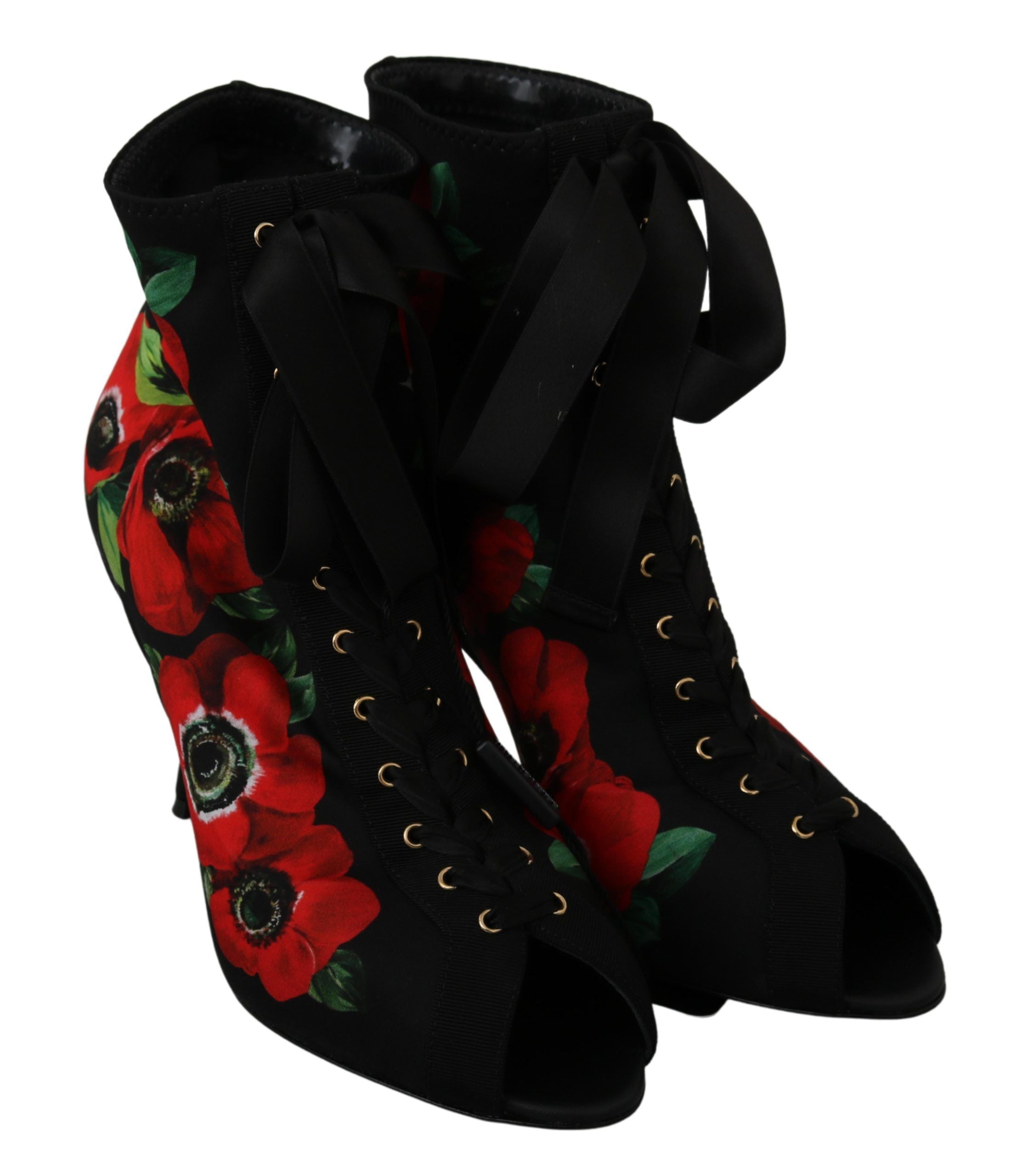 Dolce & Gabbana Black Red Roses Ankle Booties Shoes - DEA STILOSA MILANO