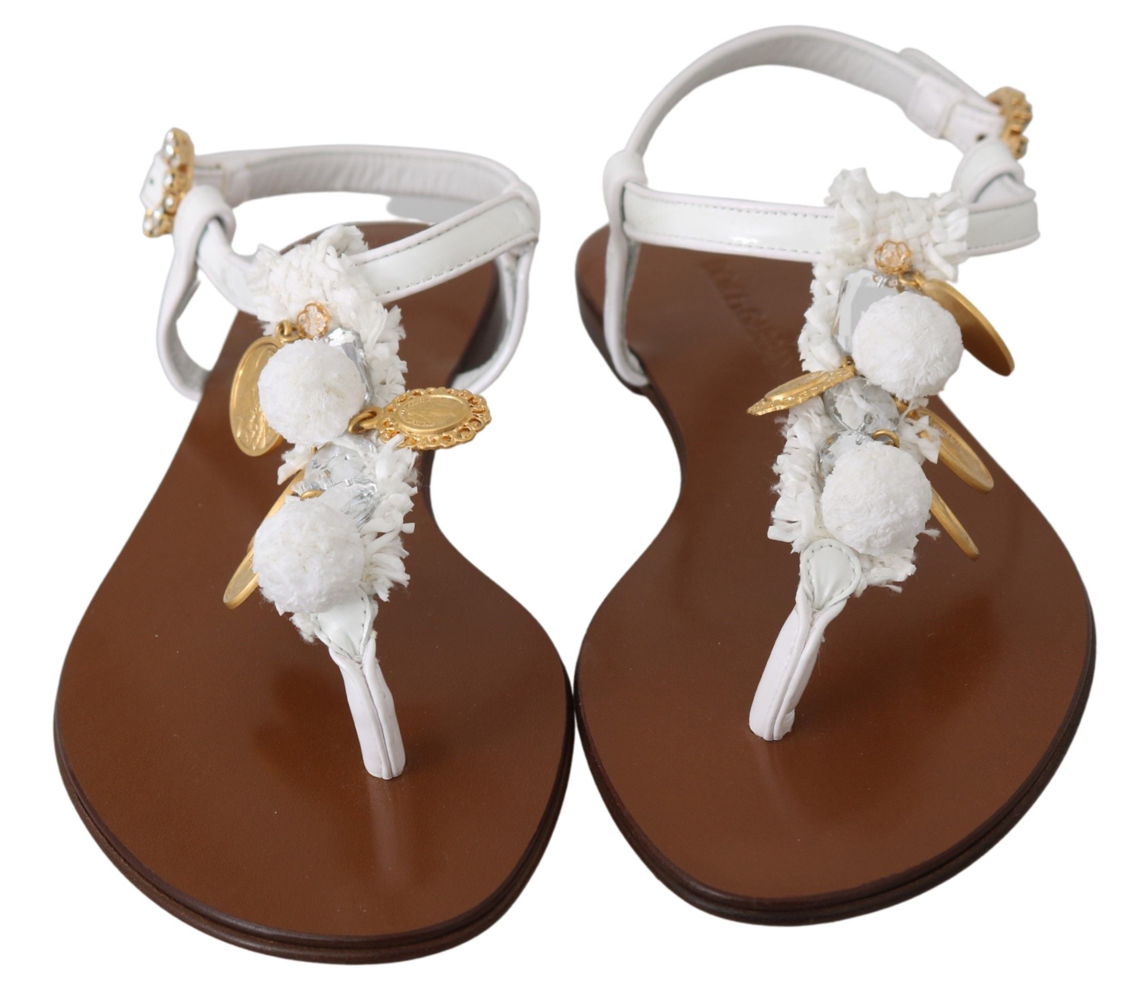 Dolce & Gabbana White Leather Coins Flip Flops Sandals Shoes - DEA STILOSA MILANO