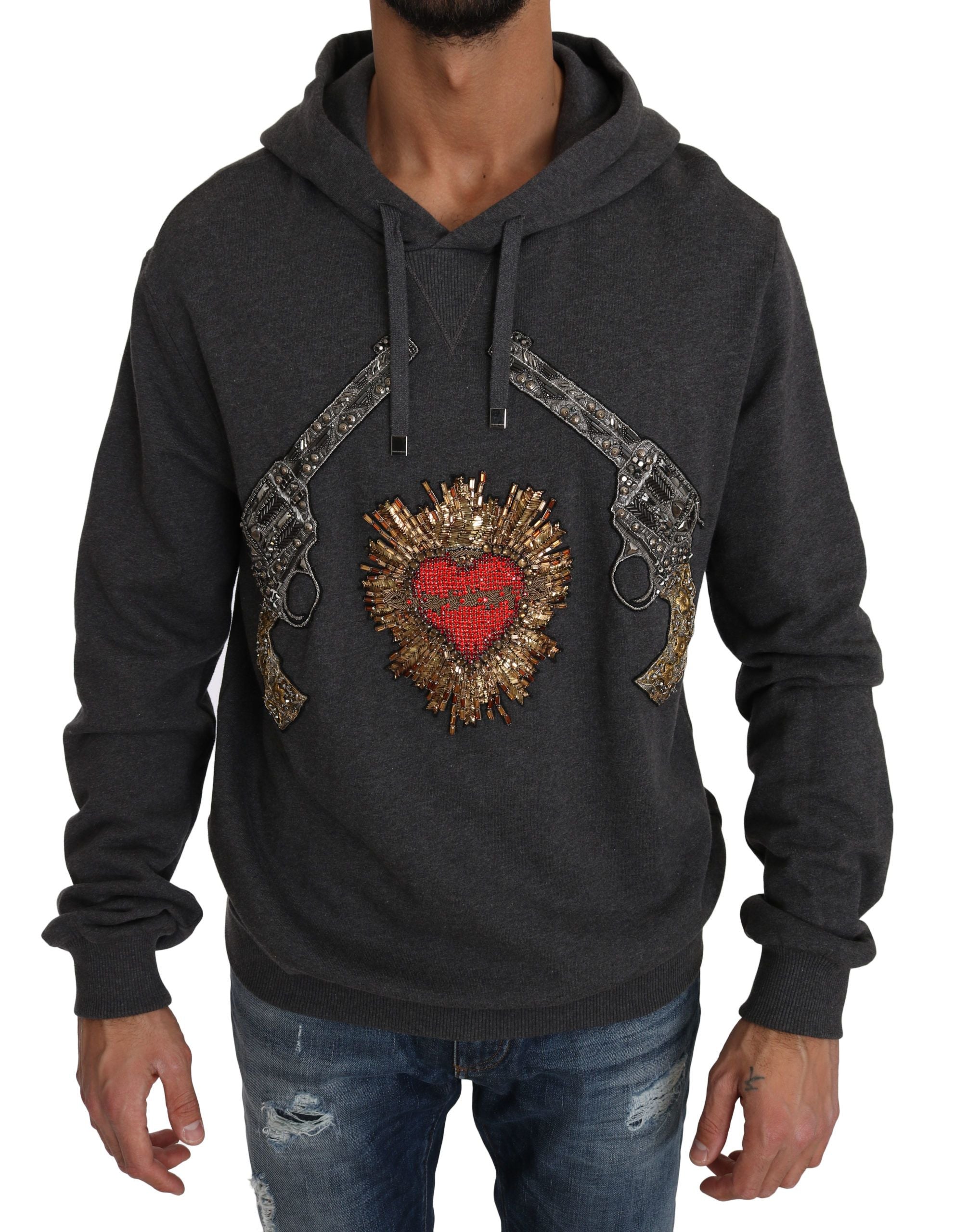 Dolce & Gabbana Gray Hooded Red Crystal Heart Gun Sweater - DEA STILOSA MILANO