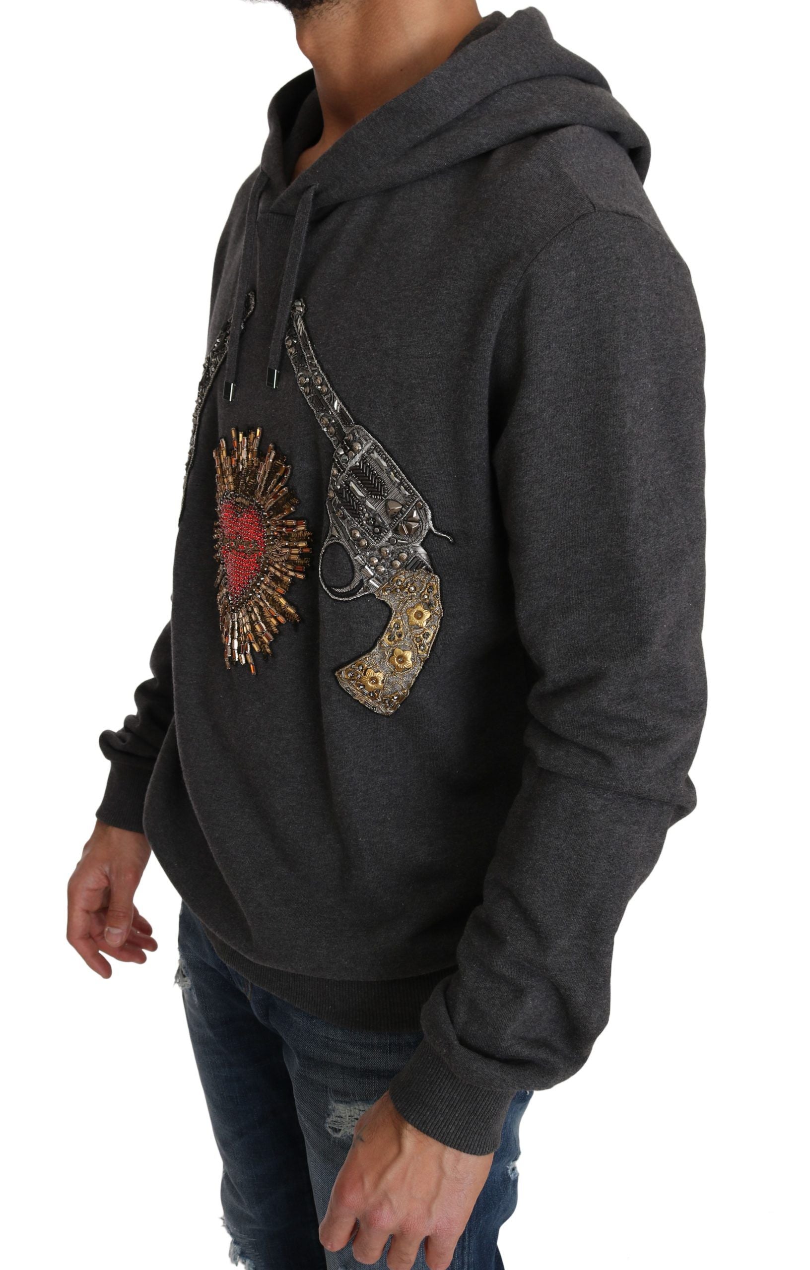Dolce & Gabbana Gray Hooded Red Crystal Heart Gun Sweater - DEA STILOSA MILANO