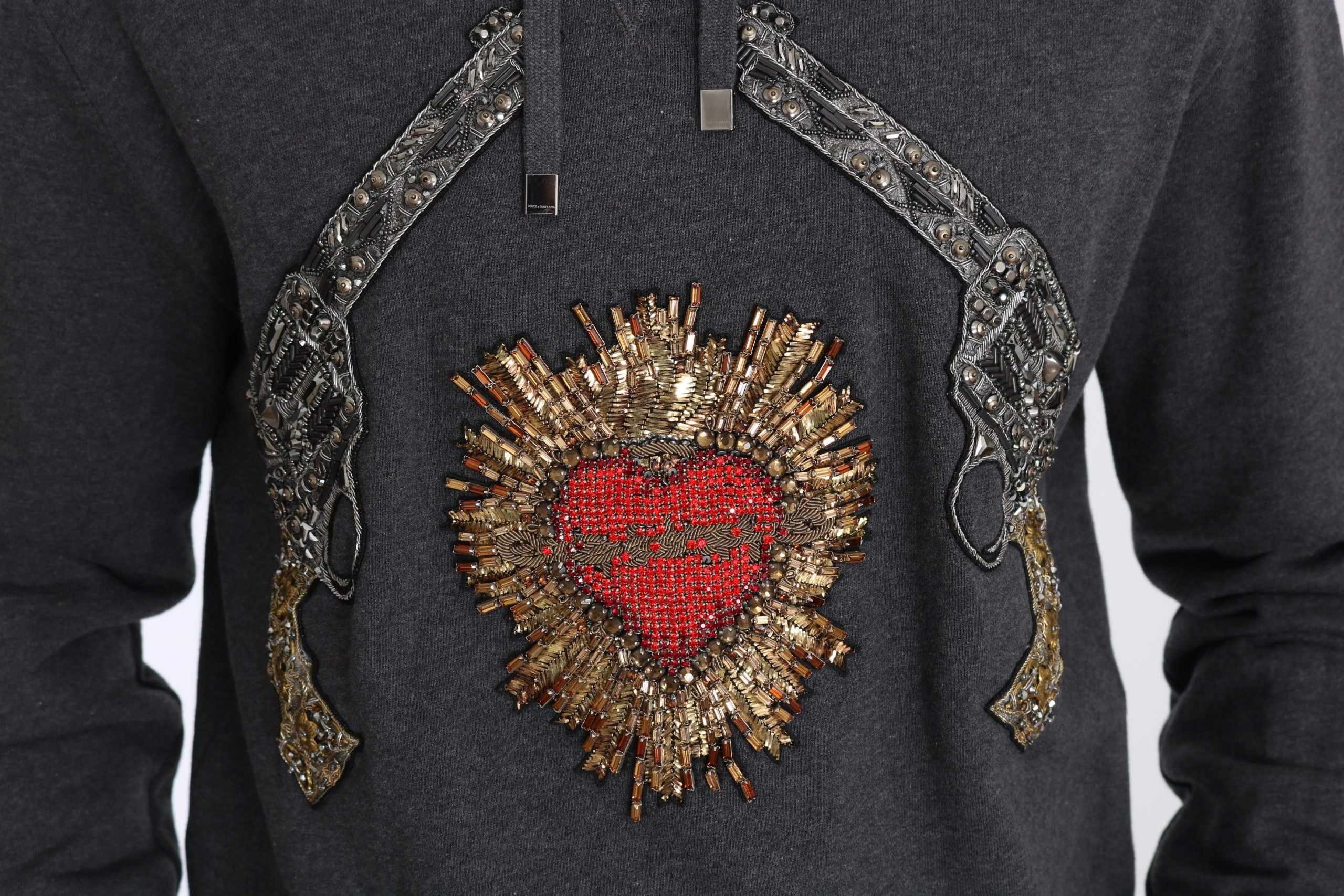 Dolce & Gabbana Gray Hooded Red Crystal Heart Gun Sweater - DEA STILOSA MILANO