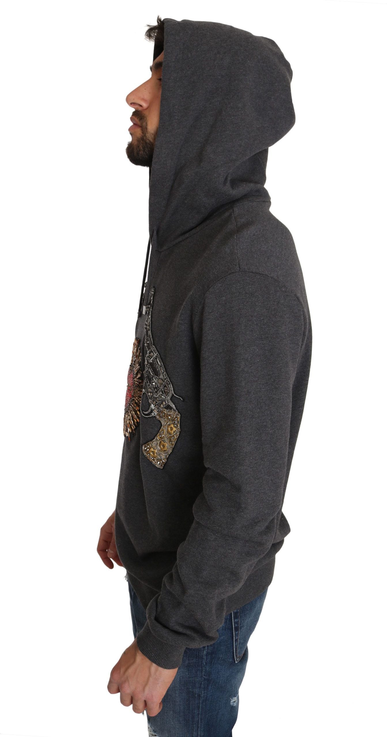 Dolce & Gabbana Gray Hooded Red Crystal Heart Gun Sweater - DEA STILOSA MILANO