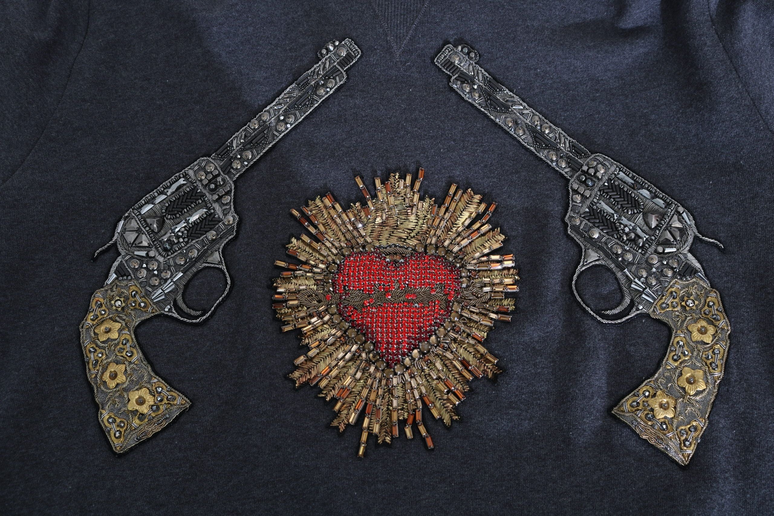 Dolce & Gabbana Gray Hooded Red Crystal Heart Gun Sweater - DEA STILOSA MILANO