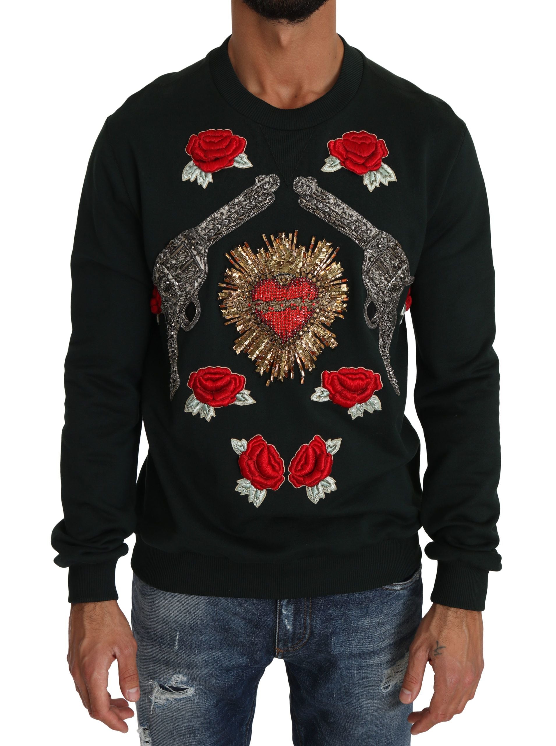 Dolce & Gabbana Green Crystal Heart Roses Gun Sweater - DEA STILOSA MILANO