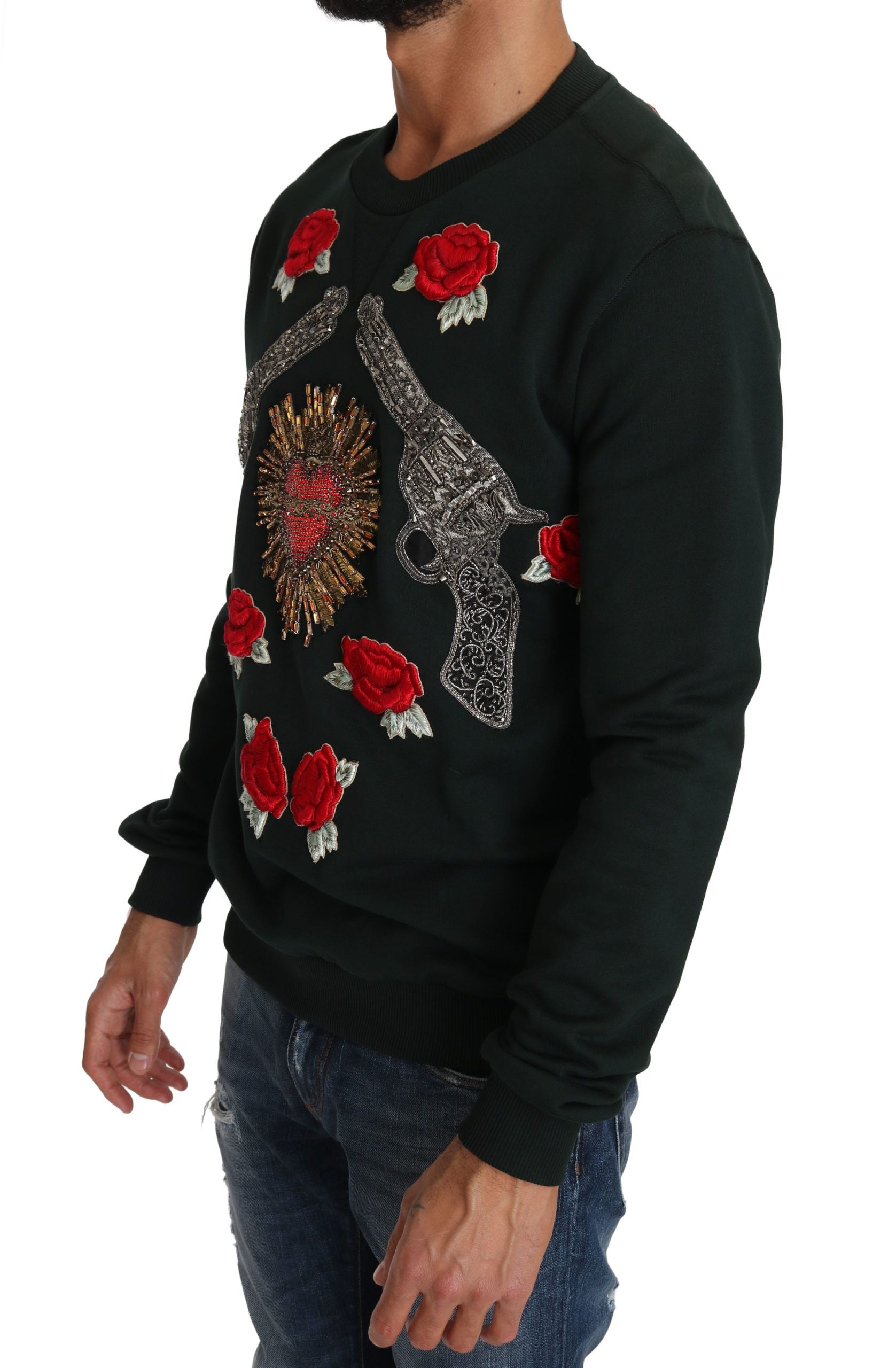 Dolce & Gabbana Green Crystal Heart Roses Gun Sweater - DEA STILOSA MILANO