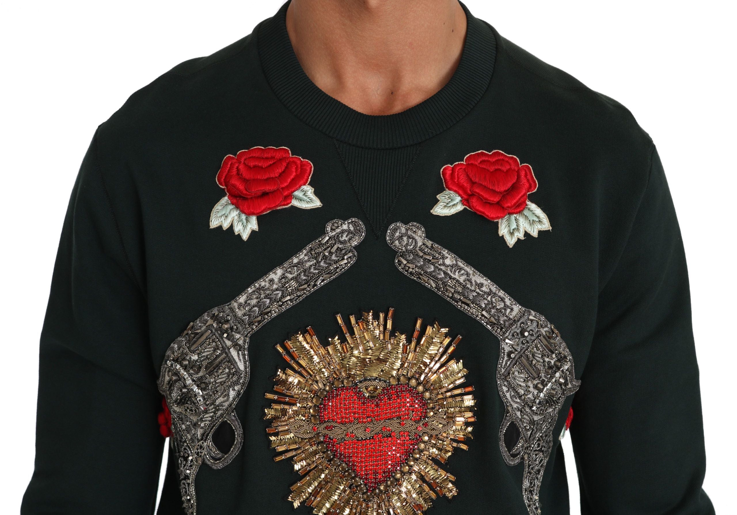 Dolce & Gabbana Green Crystal Heart Roses Gun Sweater - DEA STILOSA MILANO
