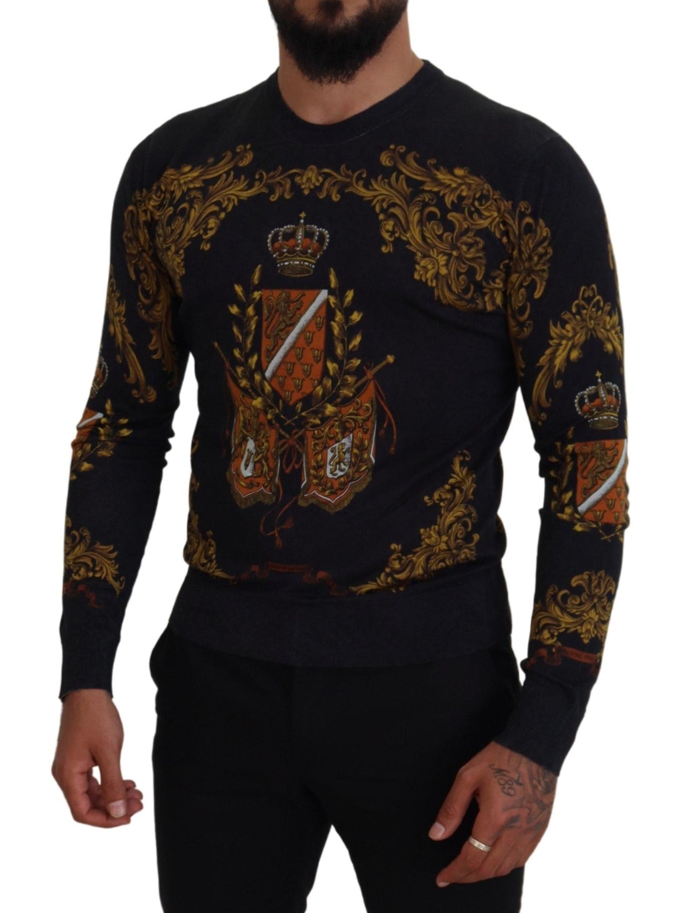 Dolce & Gabbana Gray Silk Baroque Medal Motive Sweater - DEA STILOSA MILANO