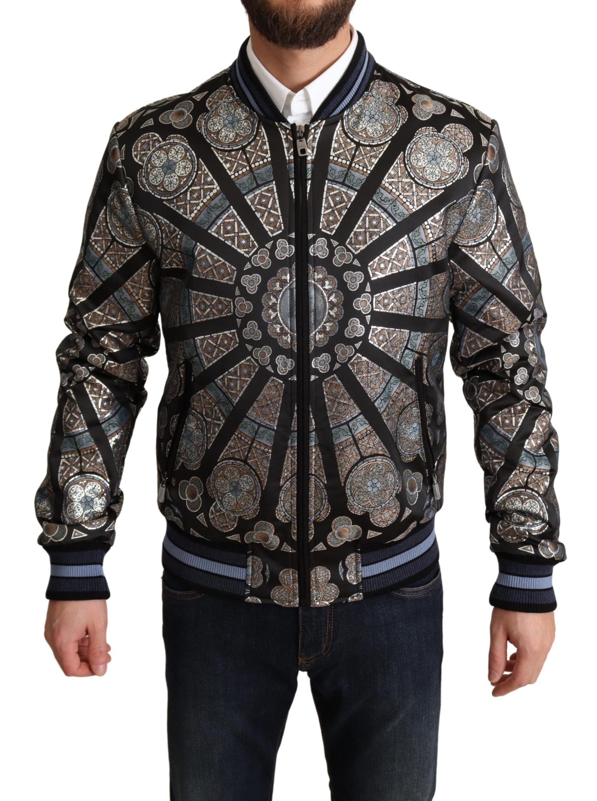 Dolce & Gabbana Blue Jacquard Motive Bomber Coat Mens Jacket - DEA STILOSA MILANO