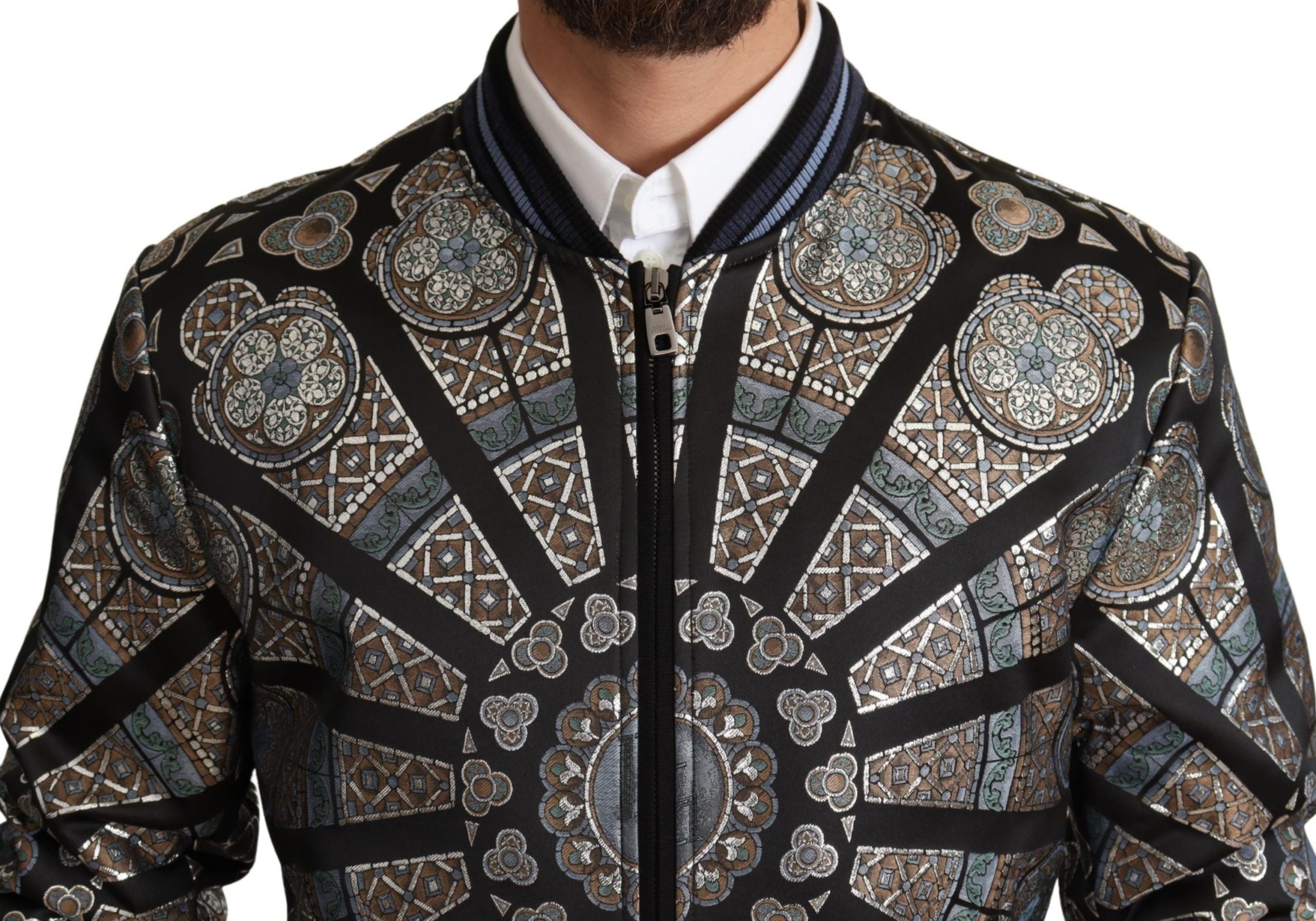Dolce & Gabbana Blue Jacquard Motive Bomber Coat Mens Jacket - DEA STILOSA MILANO