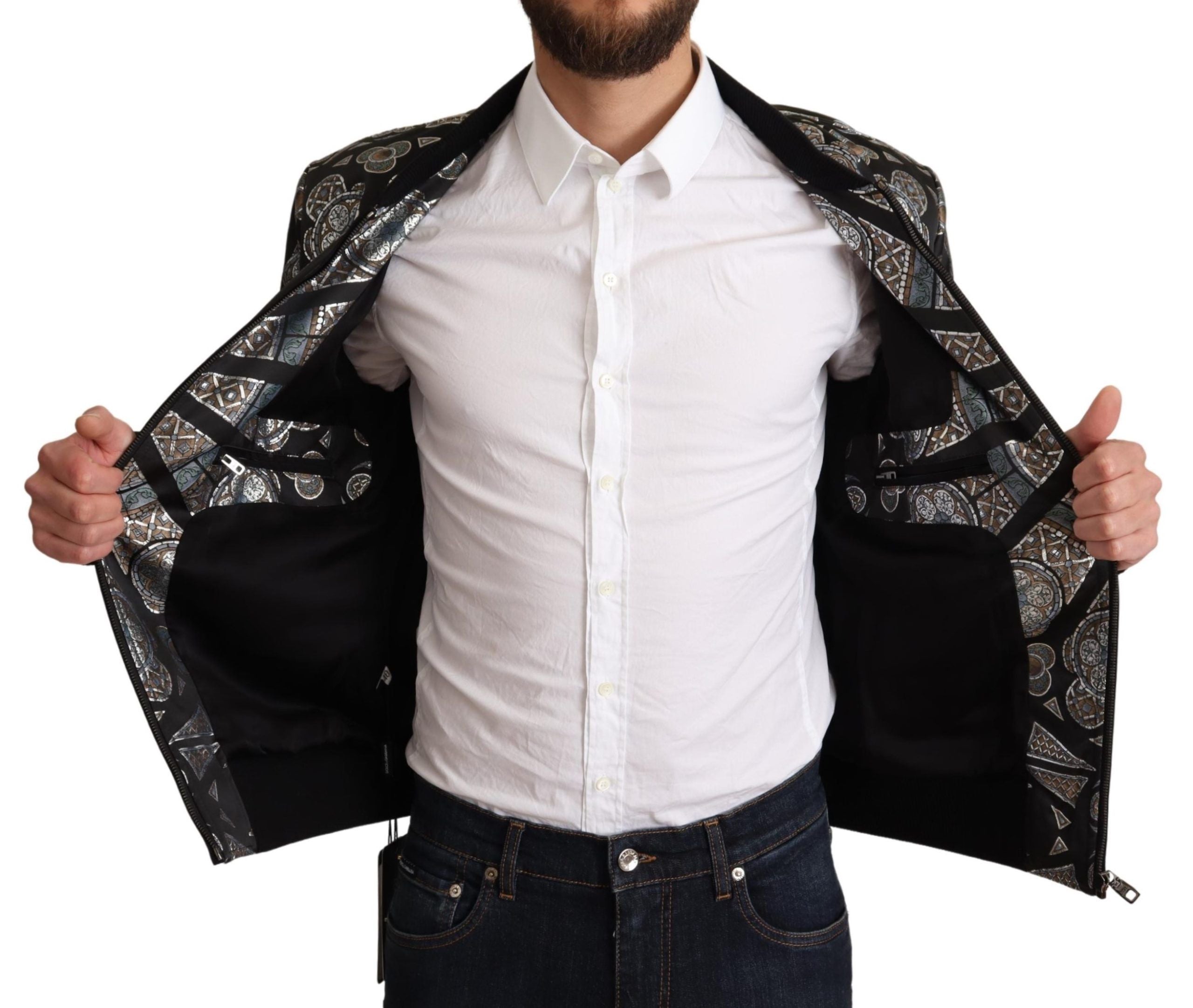 Dolce & Gabbana Blue Jacquard Motive Bomber Coat Mens Jacket - DEA STILOSA MILANO