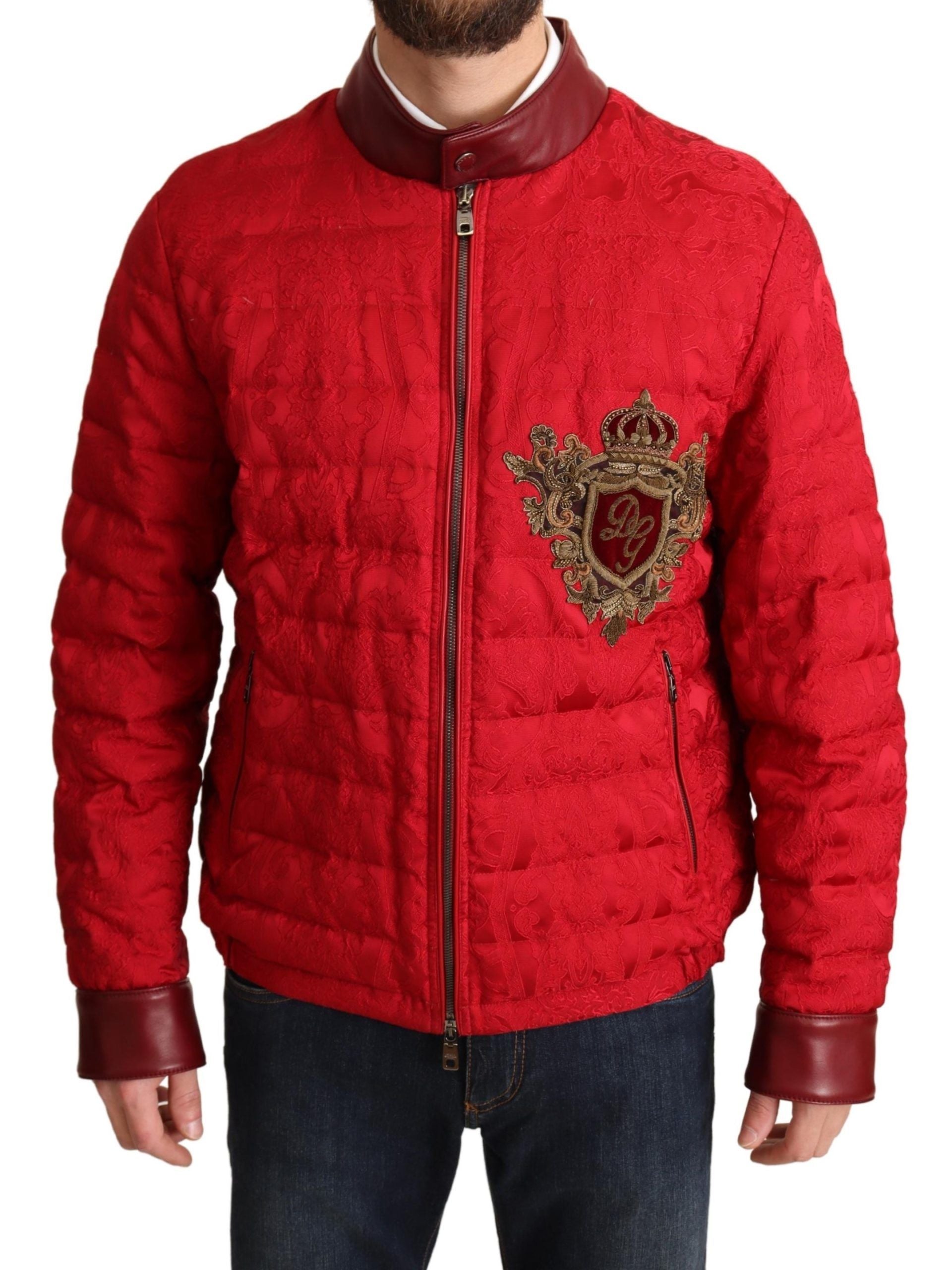 Dolce & Gabbana Red Brocade Bomber Gold Crown Logo Coat Jacket - DEA STILOSA MILANO