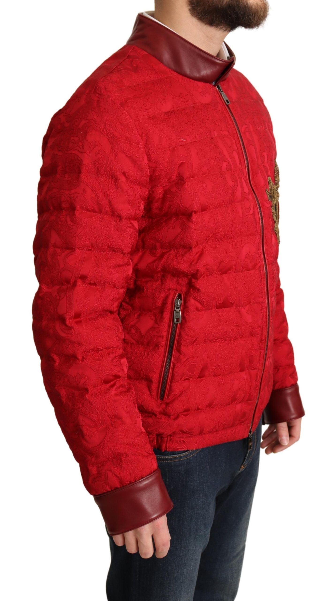Dolce & Gabbana Red Brocade Bomber Gold Crown Logo Coat Jacket - DEA STILOSA MILANO