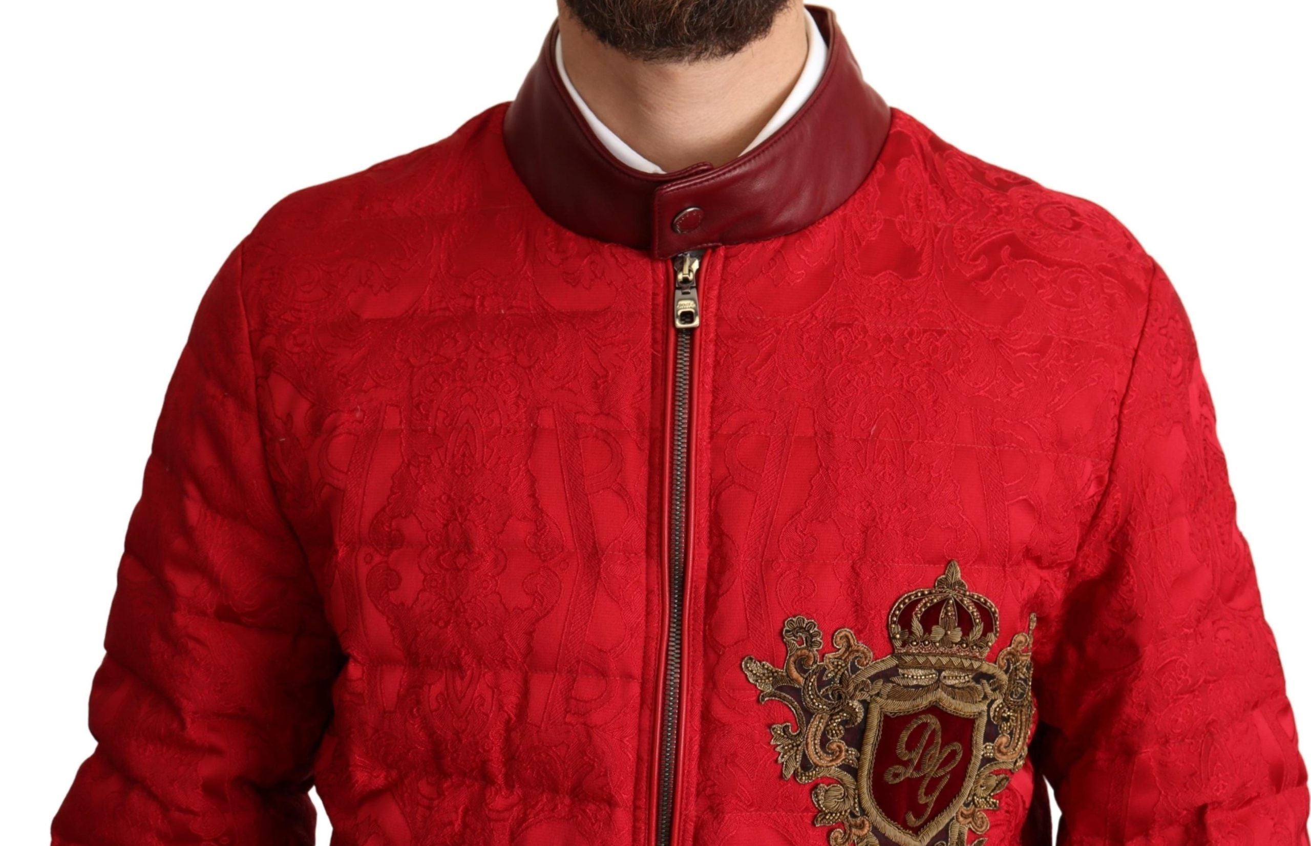 Dolce & Gabbana Red Brocade Bomber Gold Crown Logo Coat Jacket - DEA STILOSA MILANO