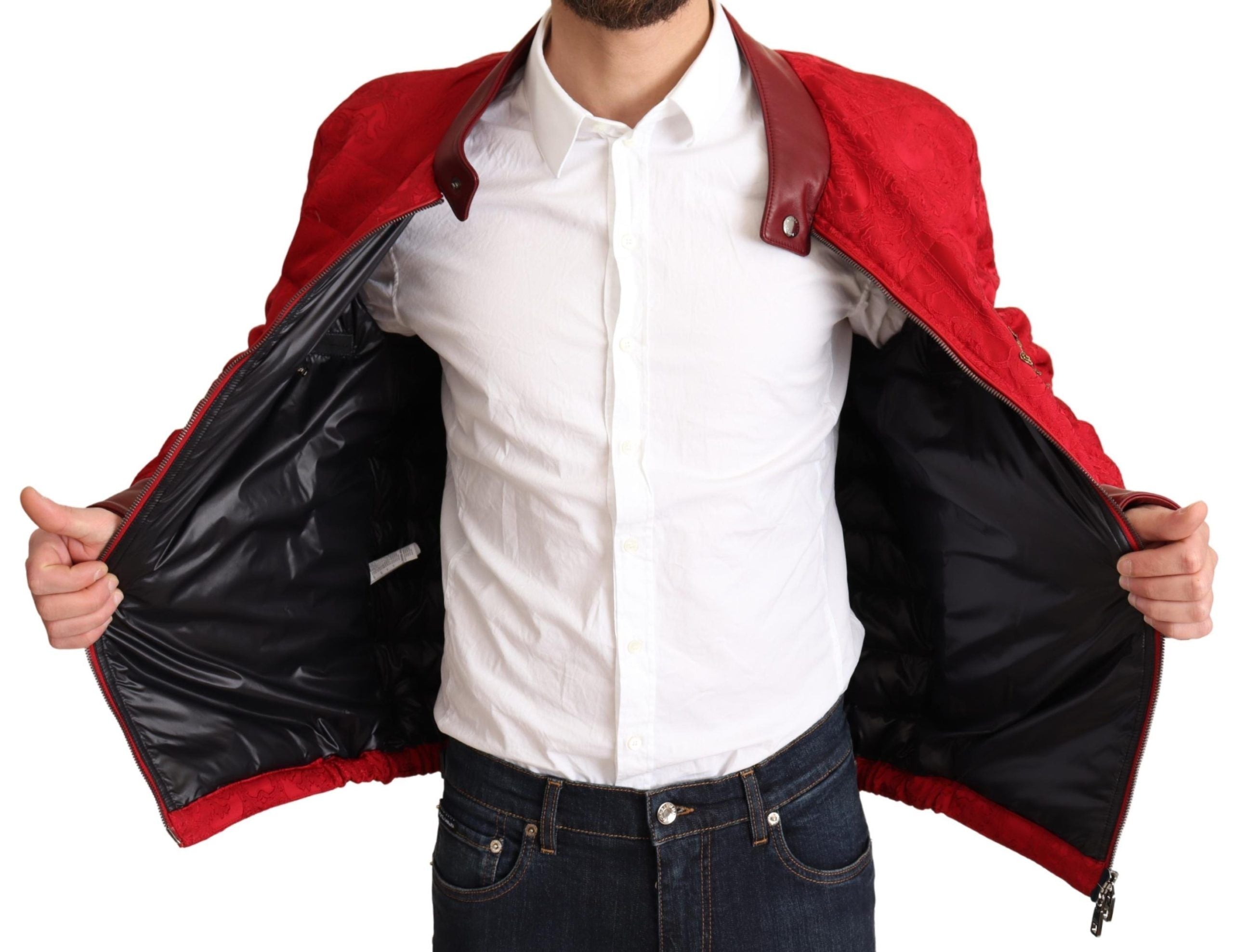 Dolce & Gabbana Red Brocade Bomber Gold Crown Logo Coat Jacket - DEA STILOSA MILANO