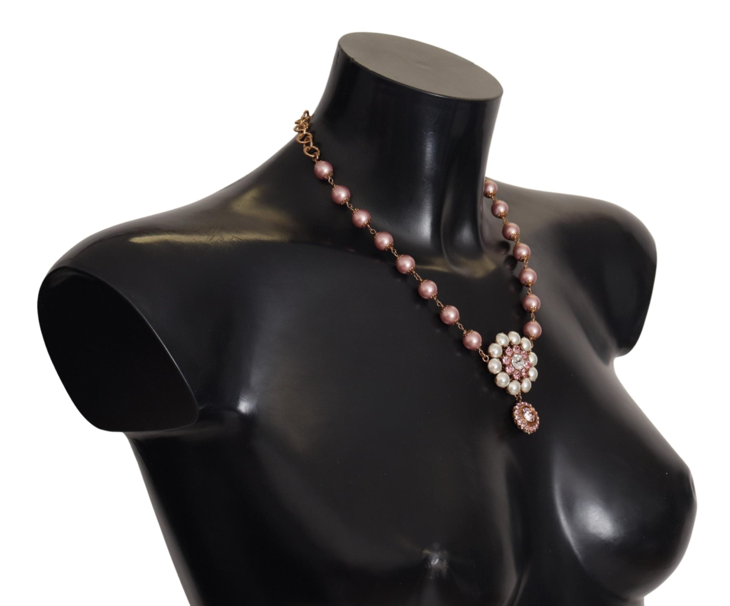 Dolce & Gabbana Gold Brass Crystal Pink Faux Pearl Pendants Necklace - DEA STILOSA MILANO
